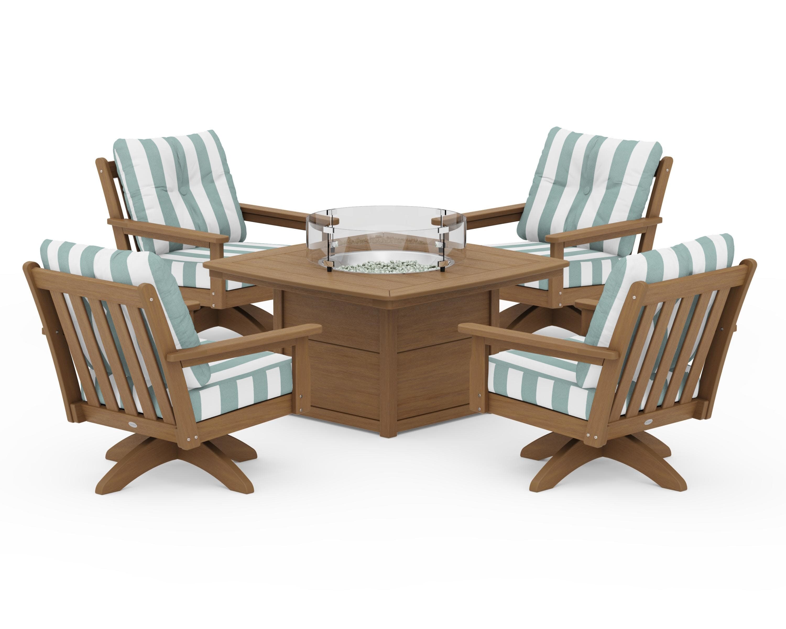 Vineyard 5-Piece Deep Seating Swivel Conversation Set with Fire Pit Table in Natural / Cabana Stripe Glacier Spa