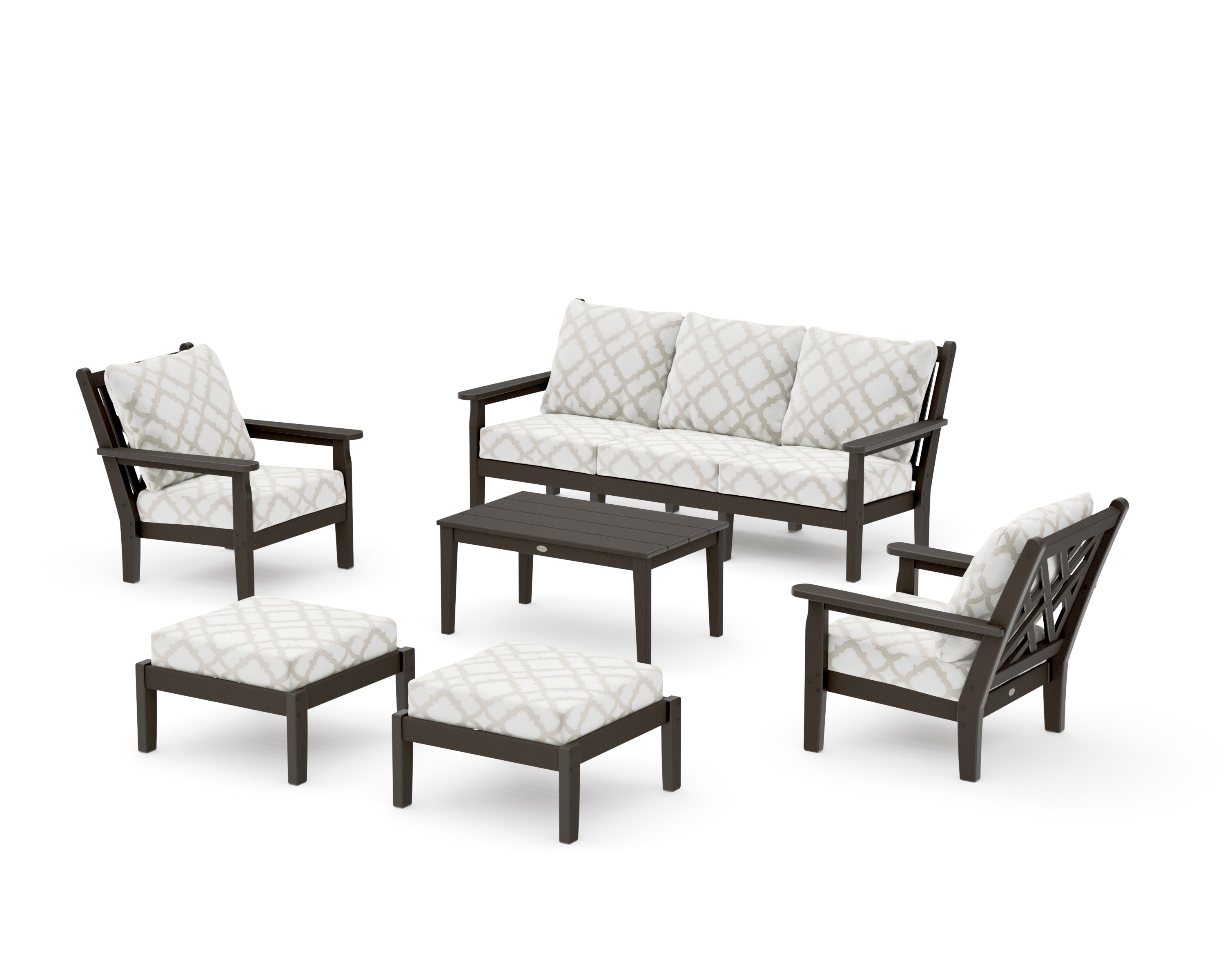 Chippendale 6-Piece Lounge Sofa Set in Vintage Coffee / Trellis Dune Burlap