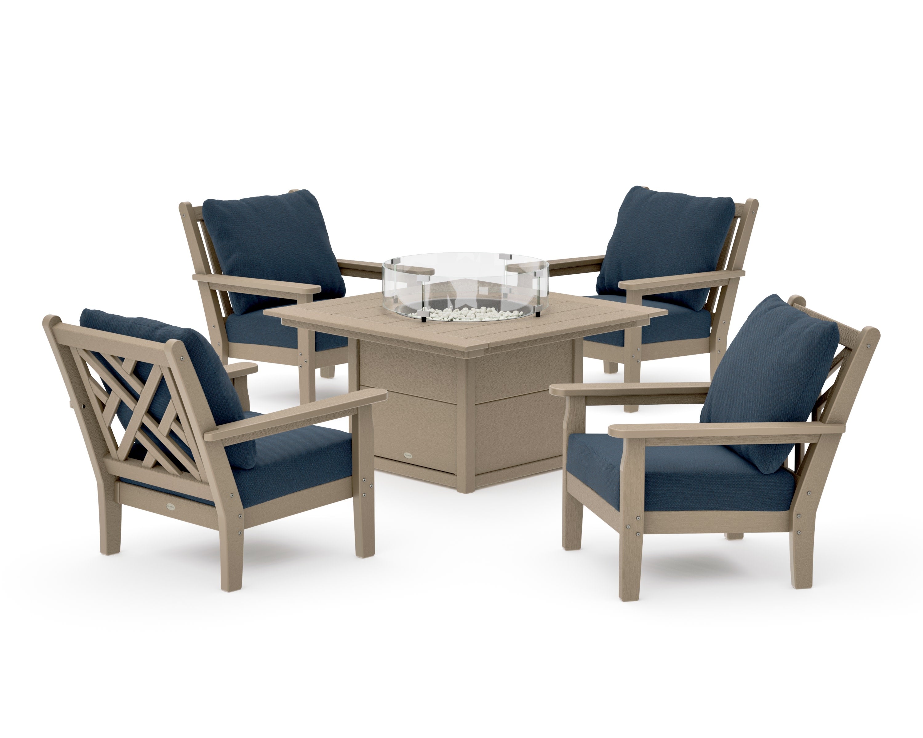 Chippendale 5-Piece Deep Seating Set with Fire Pit Table in Vintage Sahara / Marine Indigo