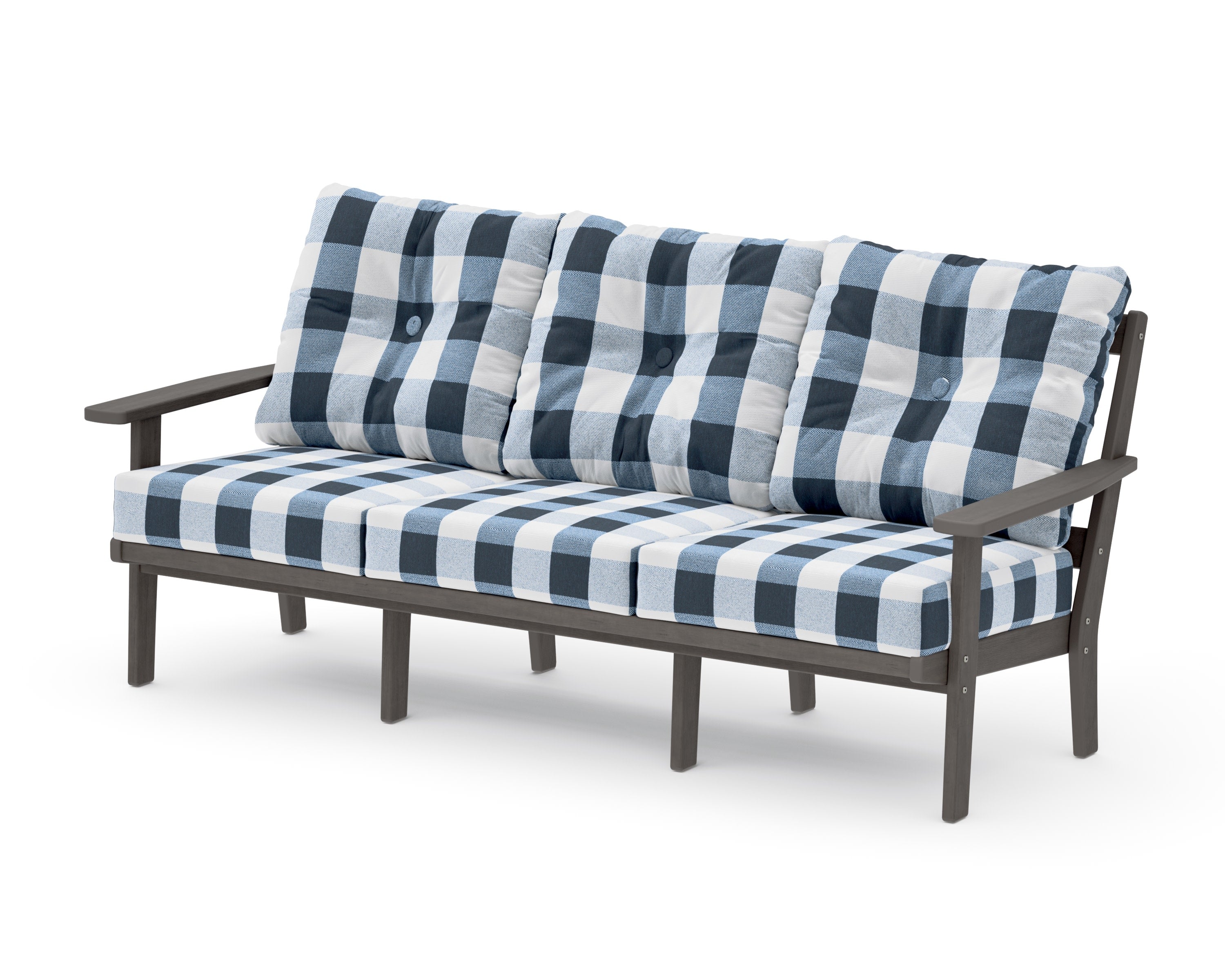 PrairieDeep Seating Sofa in Driftwood / Buffalo Plaid Marine Indigo