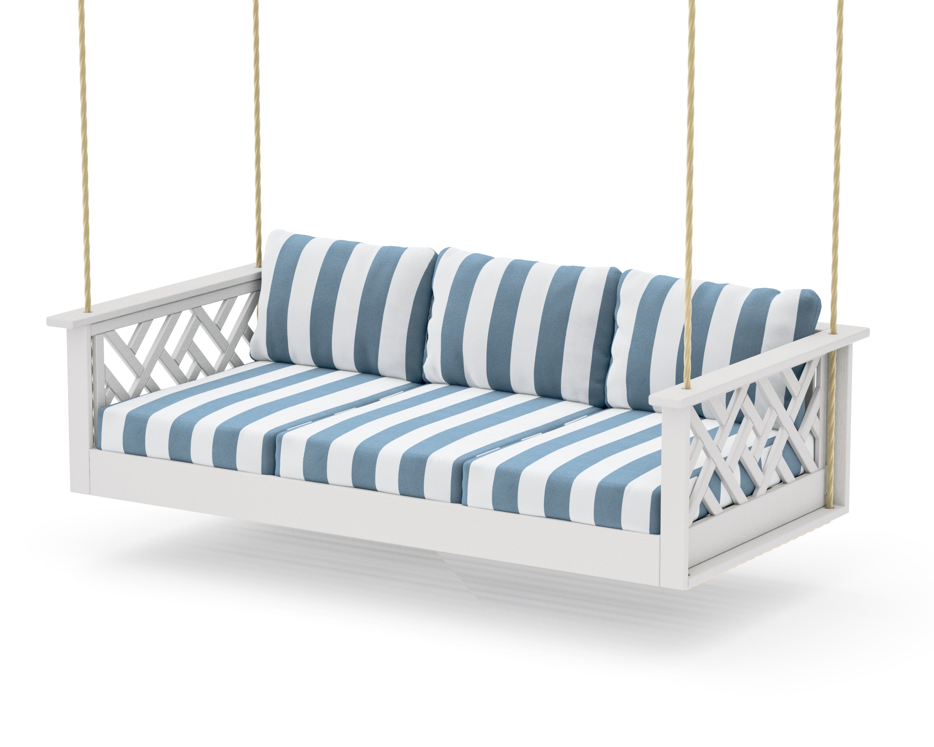Chippendale Daybed Swing in Vintage White / Cabana Stripe Sky Blue