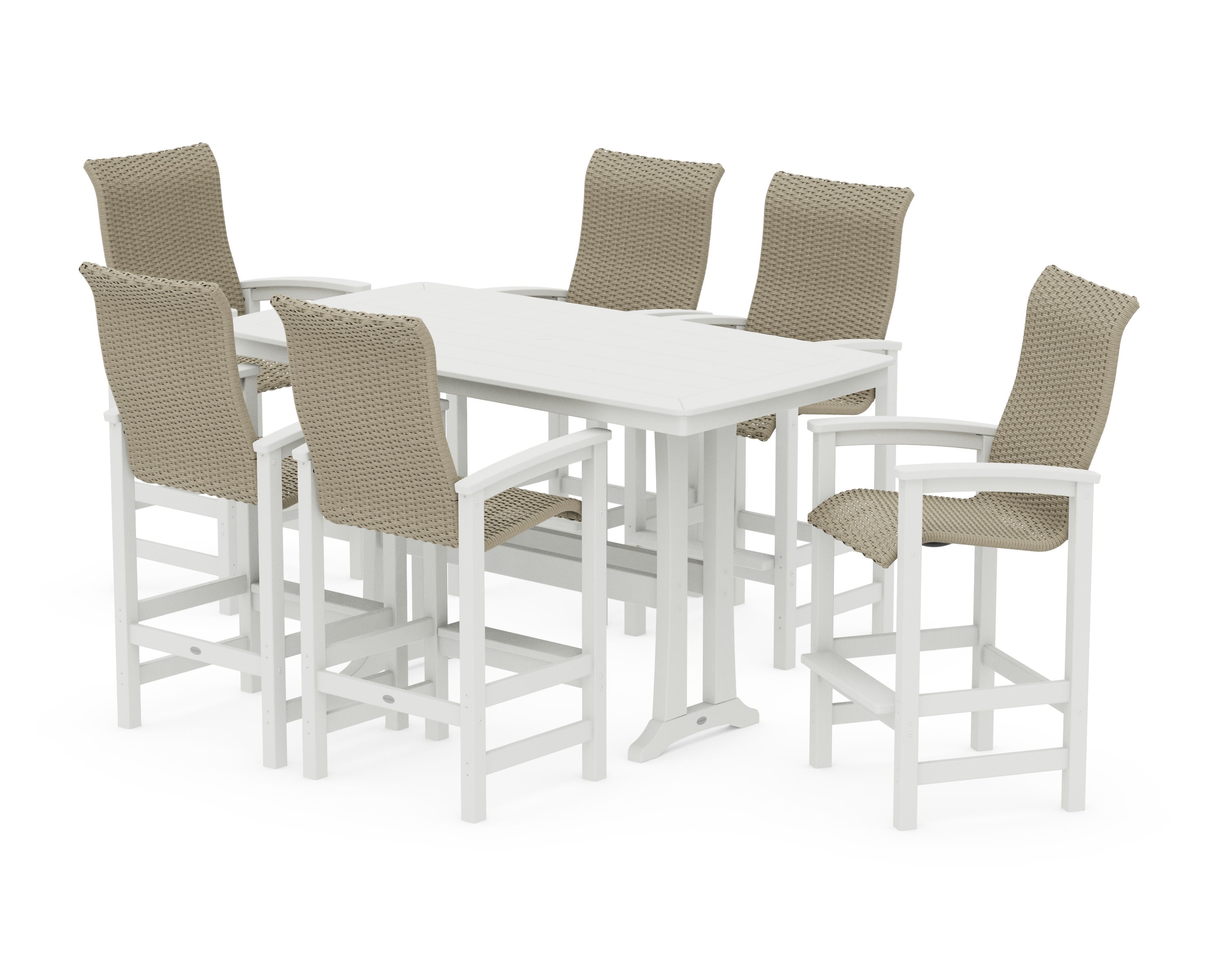 Coastal Woven High-Back Arm Chair 7-Piece Bar Set with Trestle Legs in Vintage White / Dune Grass