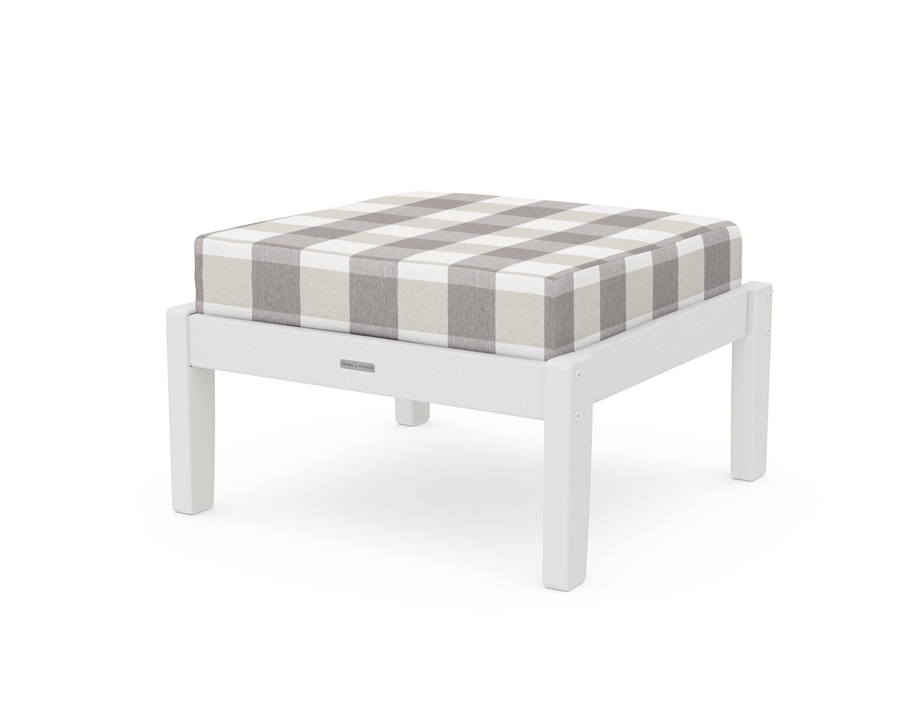 Chinoiserie Deep Seating Ottoman in Vintage White / Buffalo Plaid Grey Mist