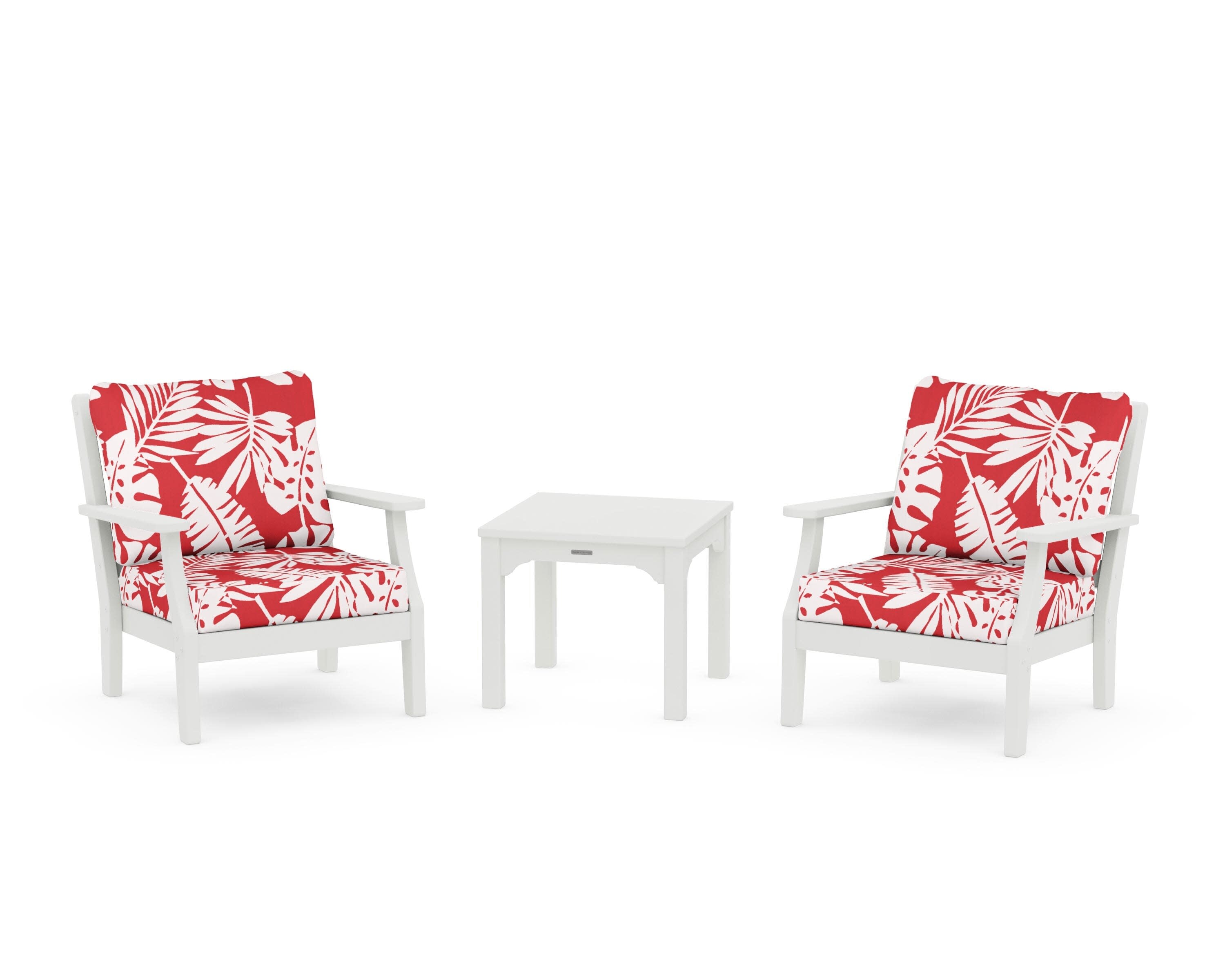 Chinoiserie 3-Piece Deep Seating Set in Vintage White / Leaf Crimson
