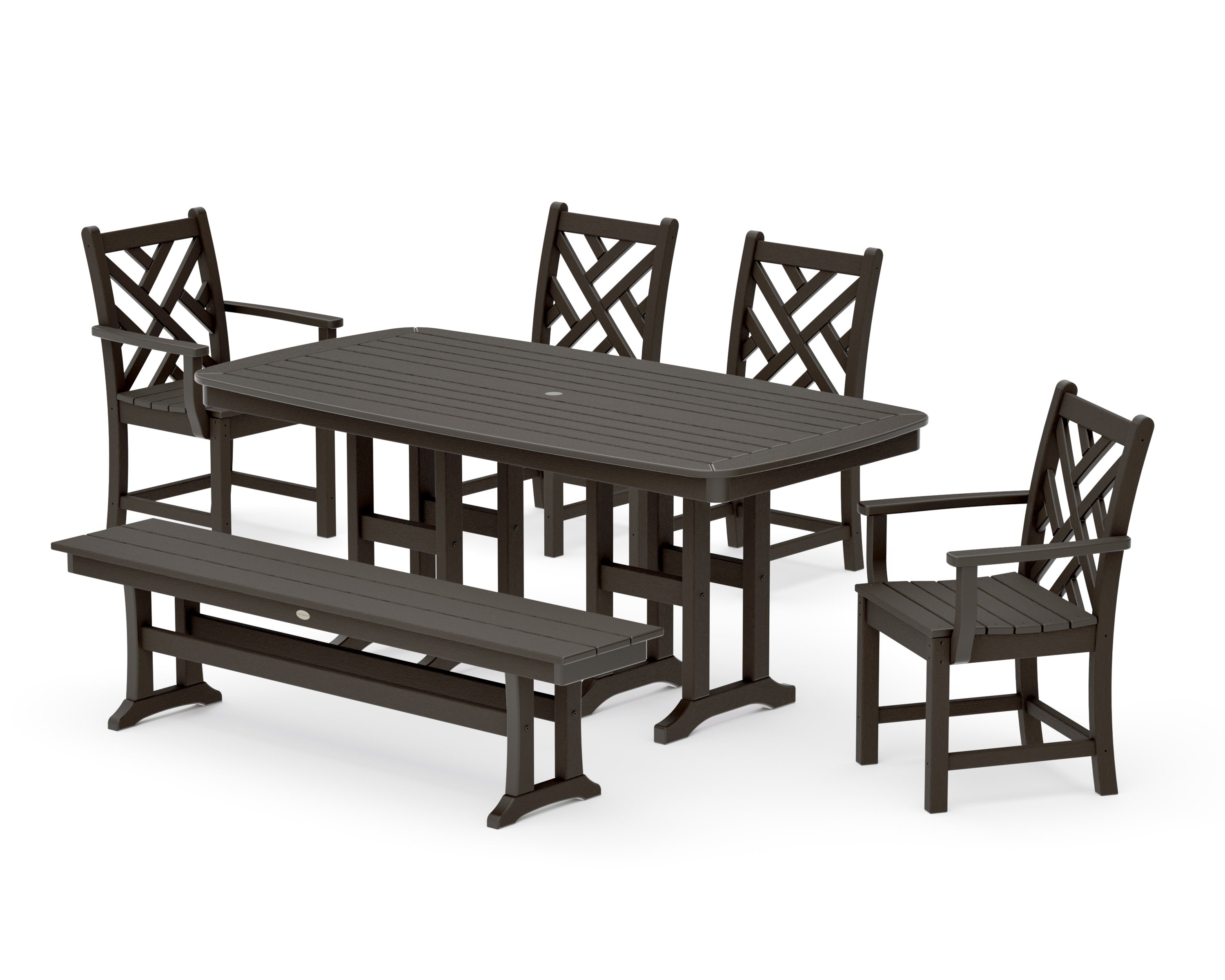 Chippendale 6-Piece Dining Set with Bench in Vintage Coffee