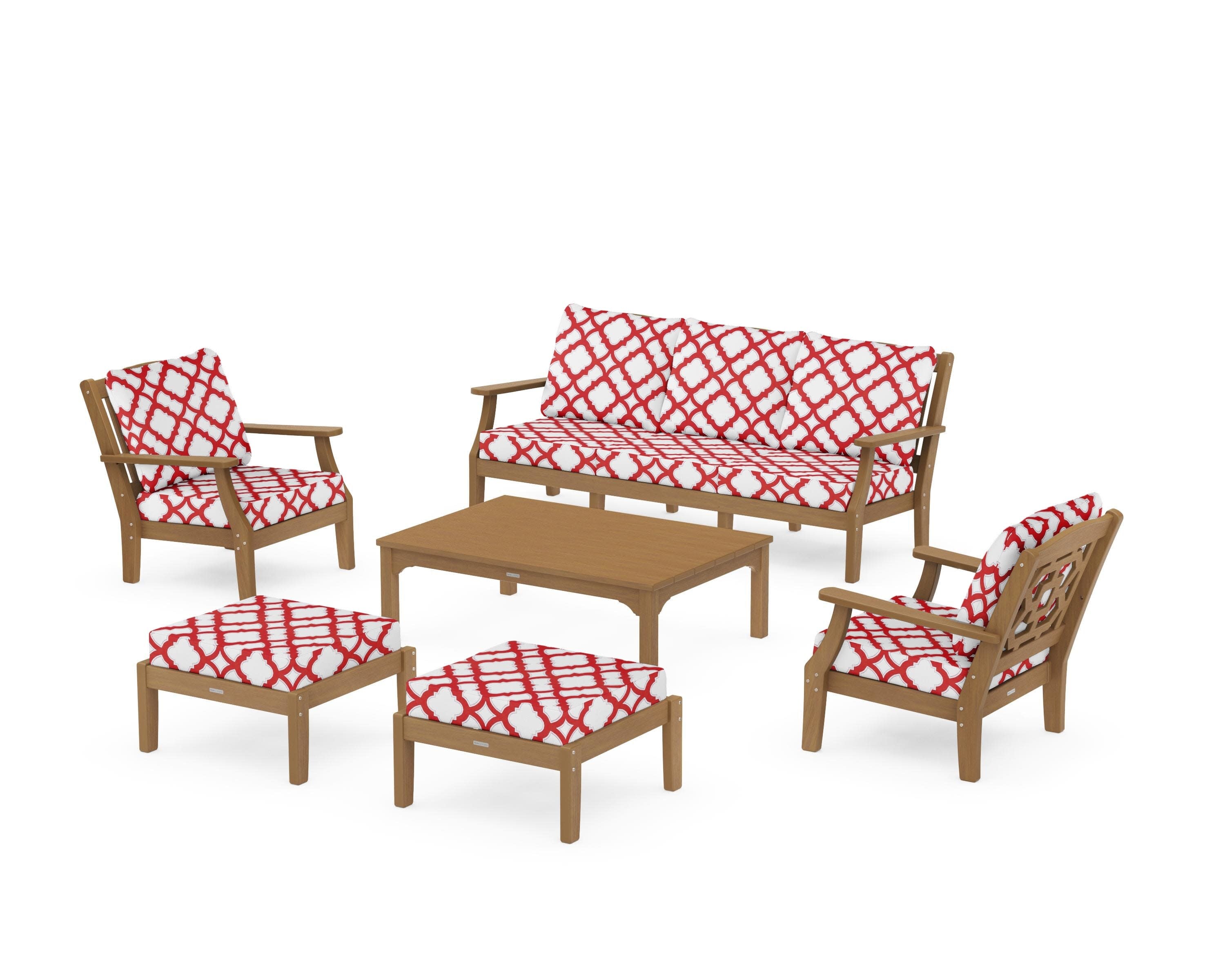 Chinoiserie 6-Piece Lounge Sofa Set in Natural / Trellis Crimson