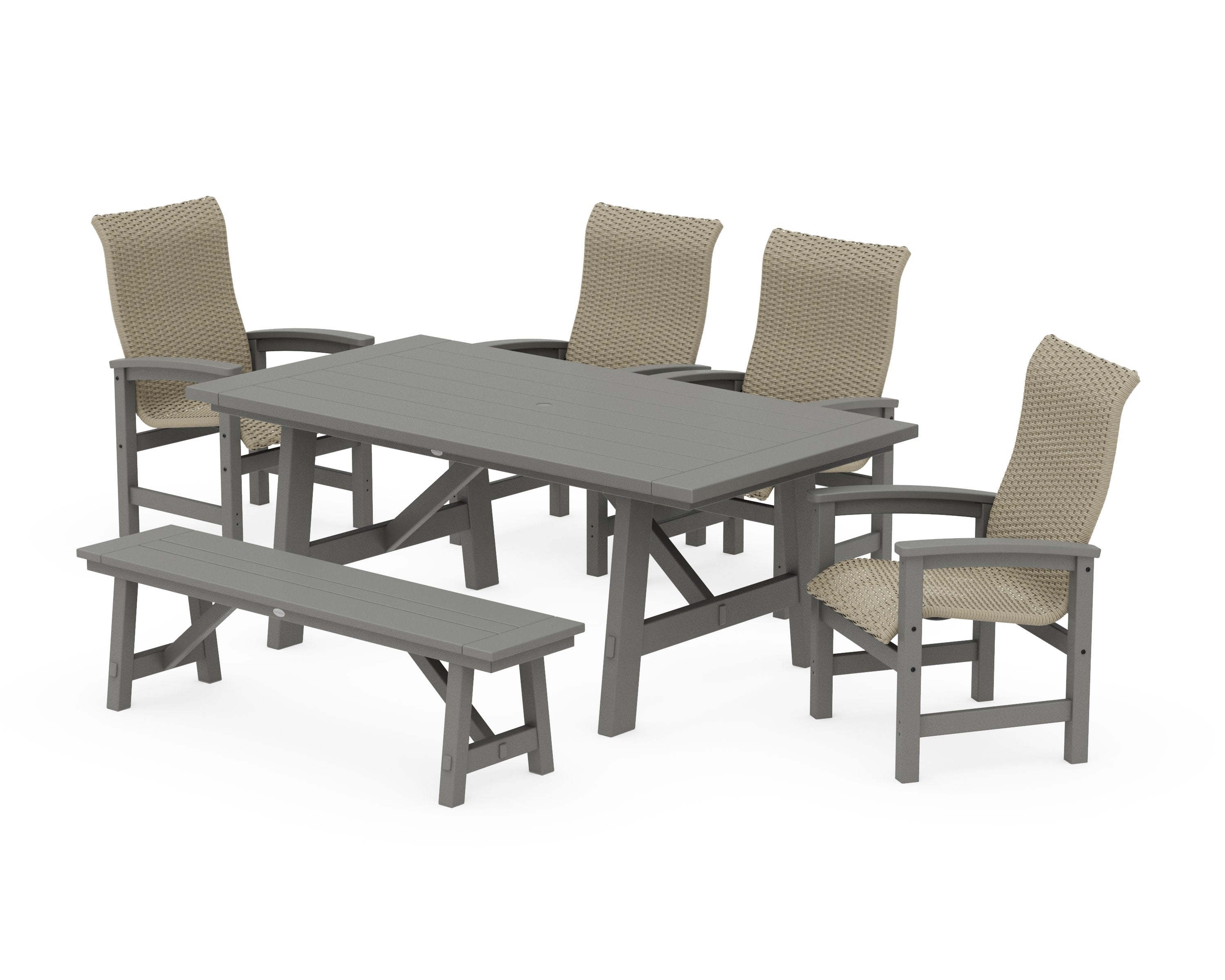 Coastal Woven High-Back 6-Piece Rustic Farmhouse Dining Set with Bench