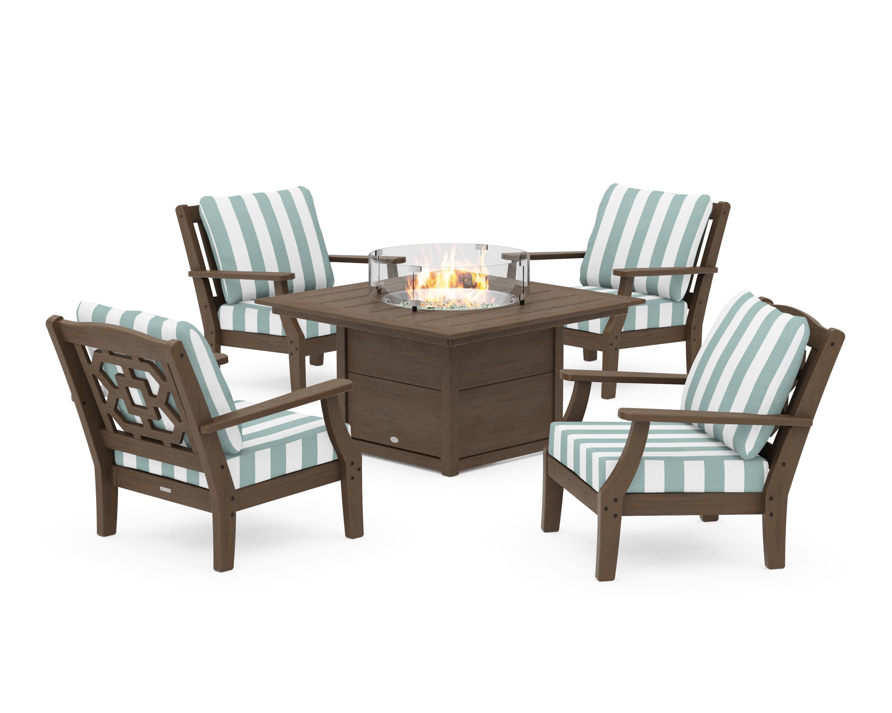Chinoiserie 5-Piece Deep Seating Set with Fire Pit Table in Kona / Cabana Stripe Glacier Spa
