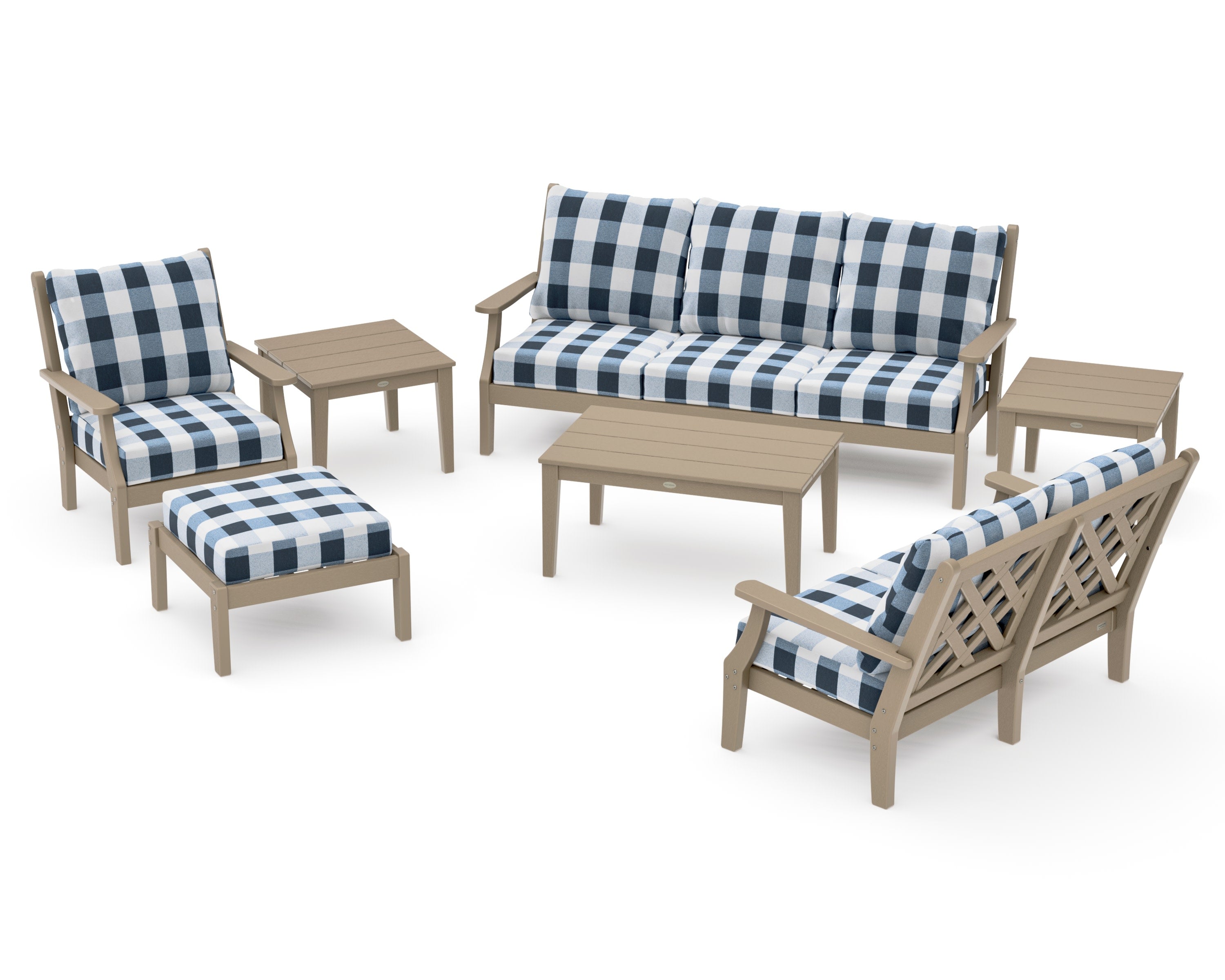 Wovendale 7-Piece Deep Seating Set in Vintage Sahara / Buffalo Plaid Marine Indigo