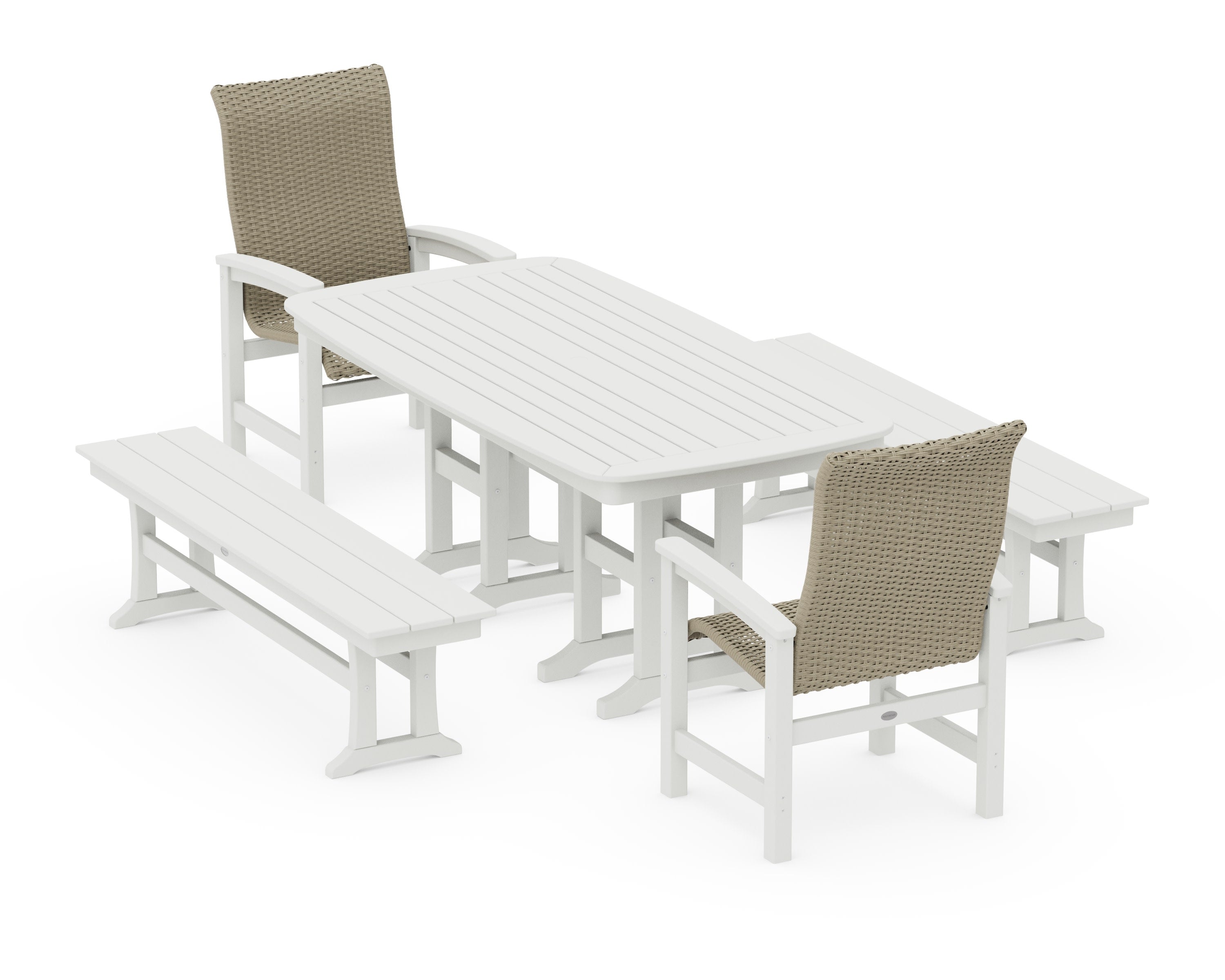 Coastal Woven High-Back 5-Piece Dining Set with Benches in Vintage White / Dune Grass