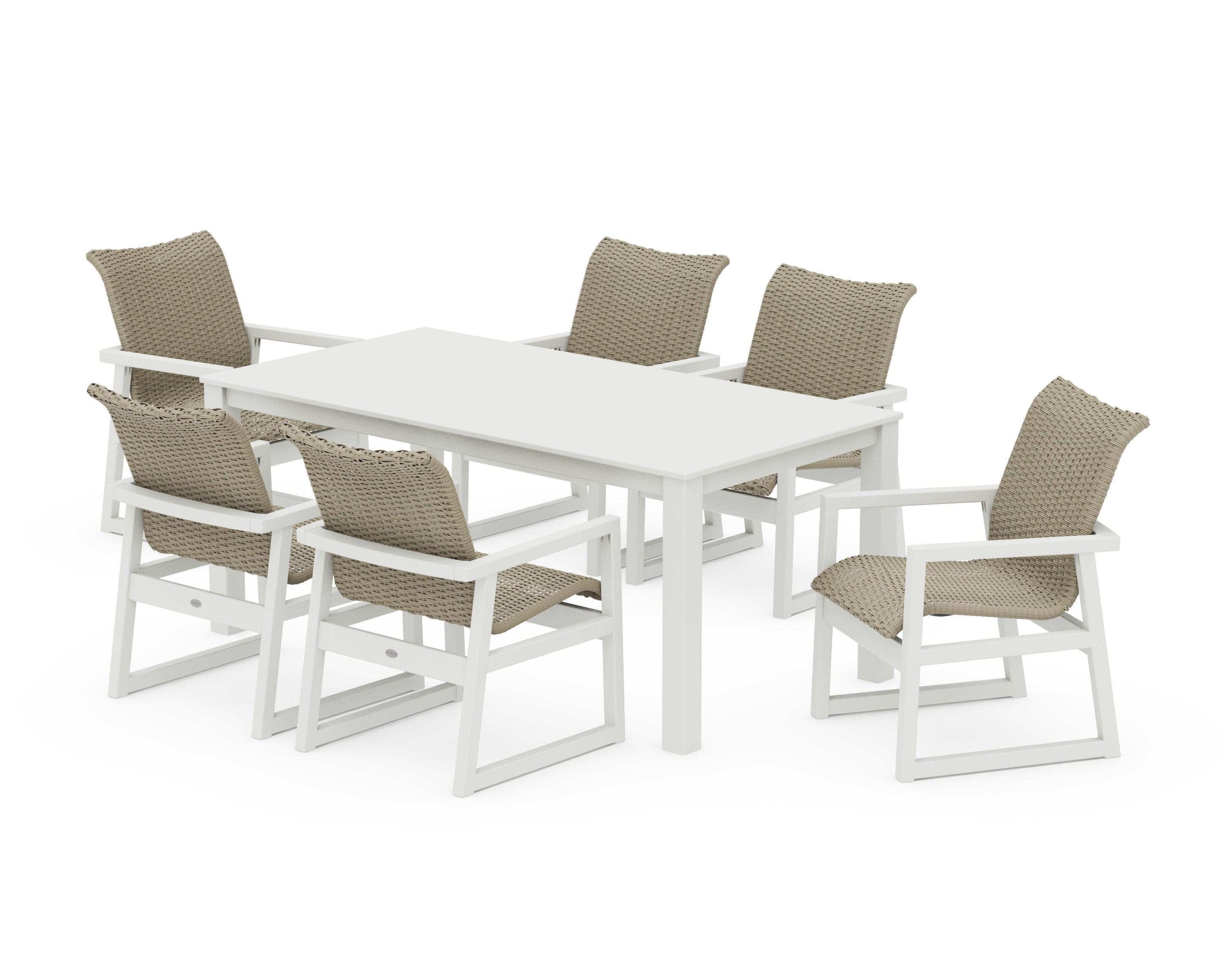 EDGE Woven Arm Chair 7-Piece Parsons Dining Set in White / Dune Grass