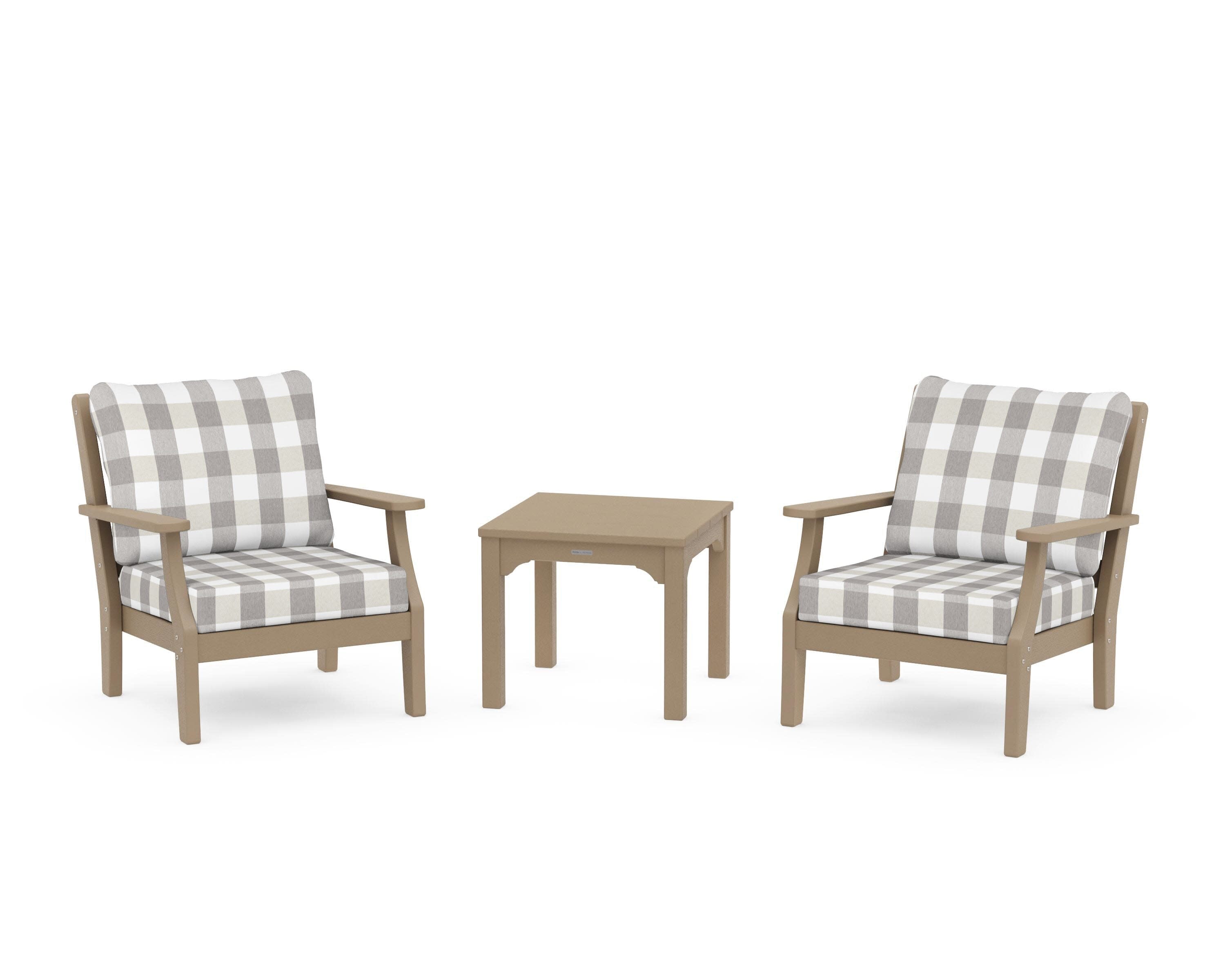 Chinoiserie 3-Piece Deep Seating Set in Vintage Sahara / Buffalo Plaid Grey Mist