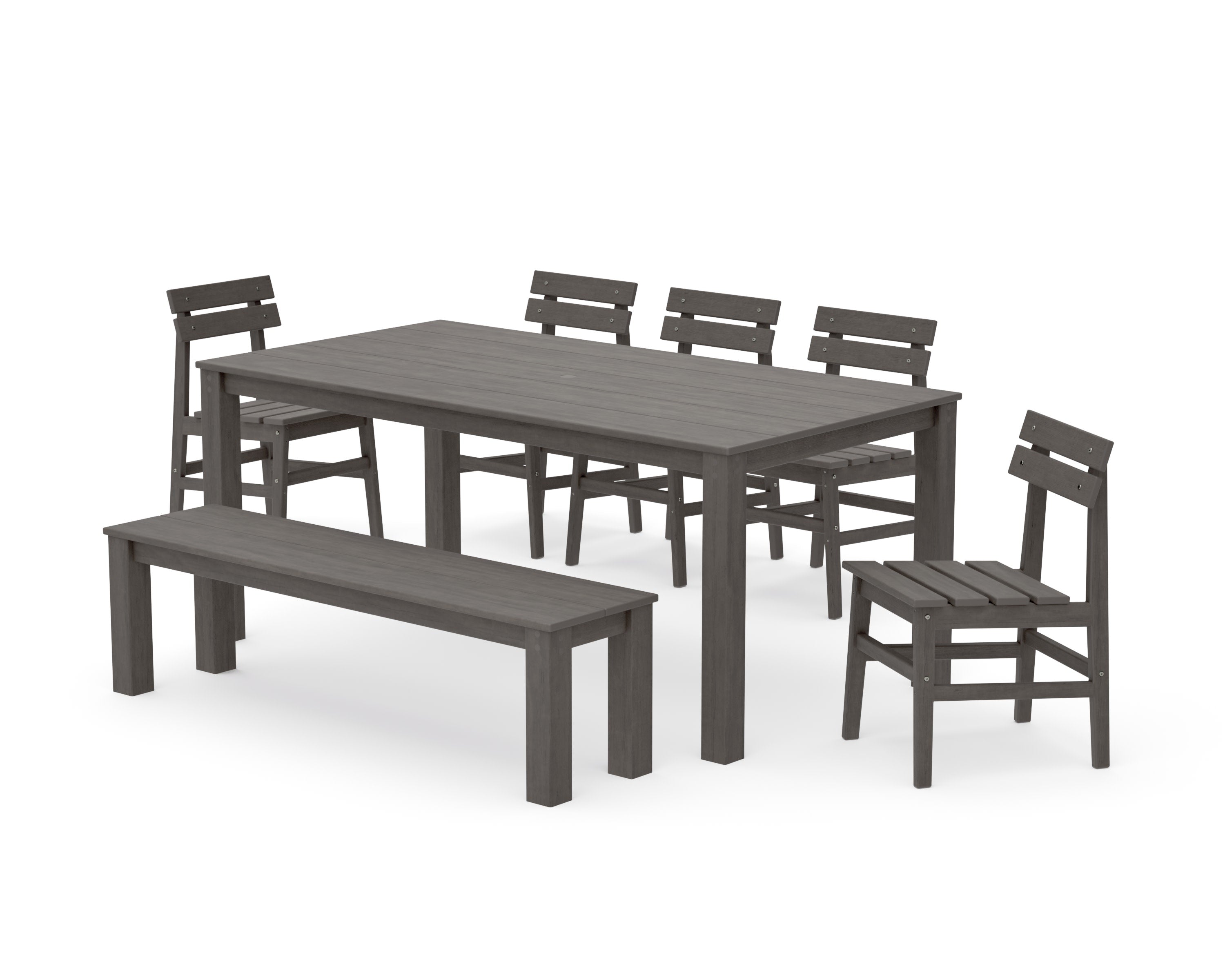 Modern Studio Plaza Chair 7-Piece Parsons Dining Set with Bench in Driftwood