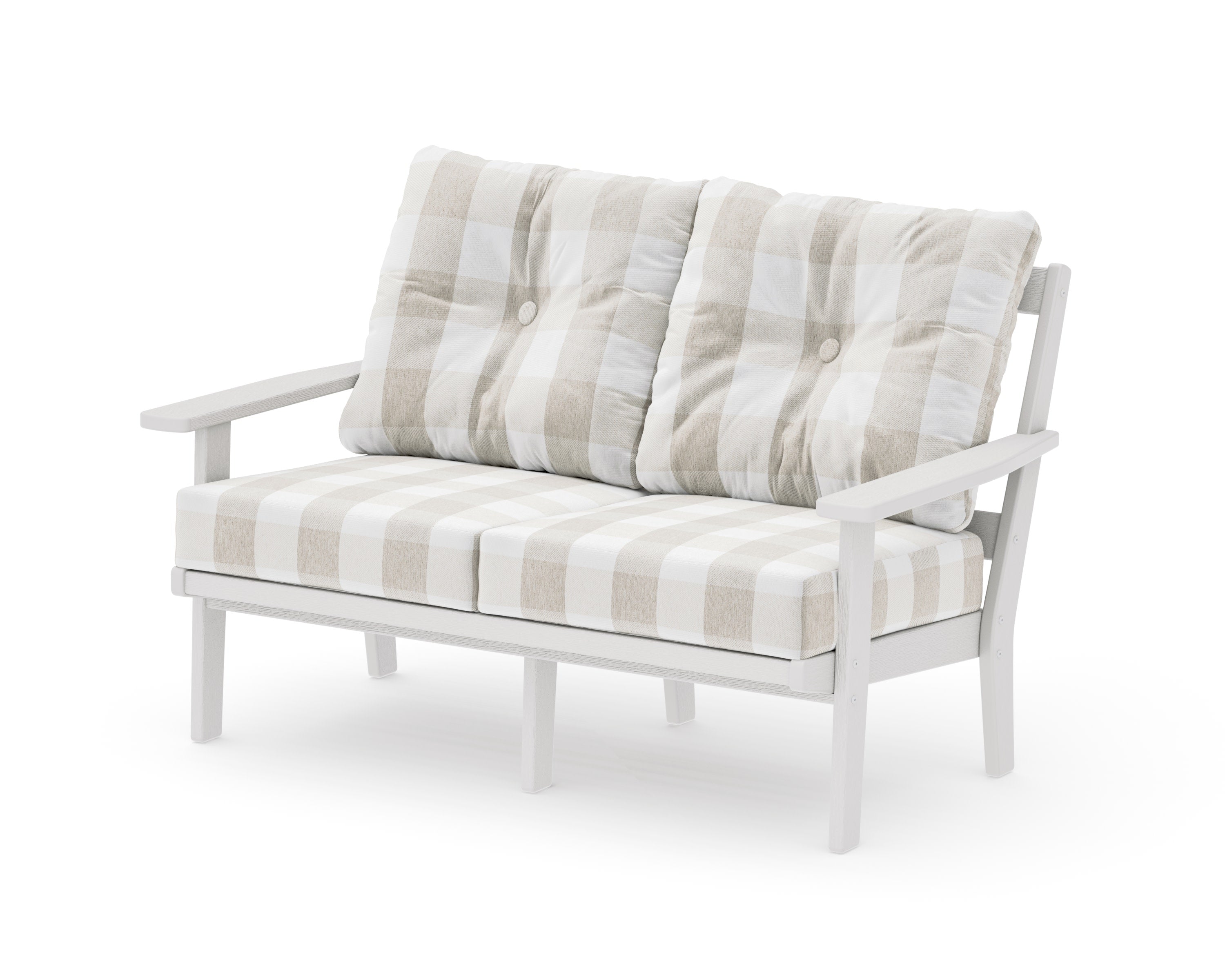 Prairie Deep SeatingLoveseat in Vintage White / Buffalo Plaid Dune Burlap