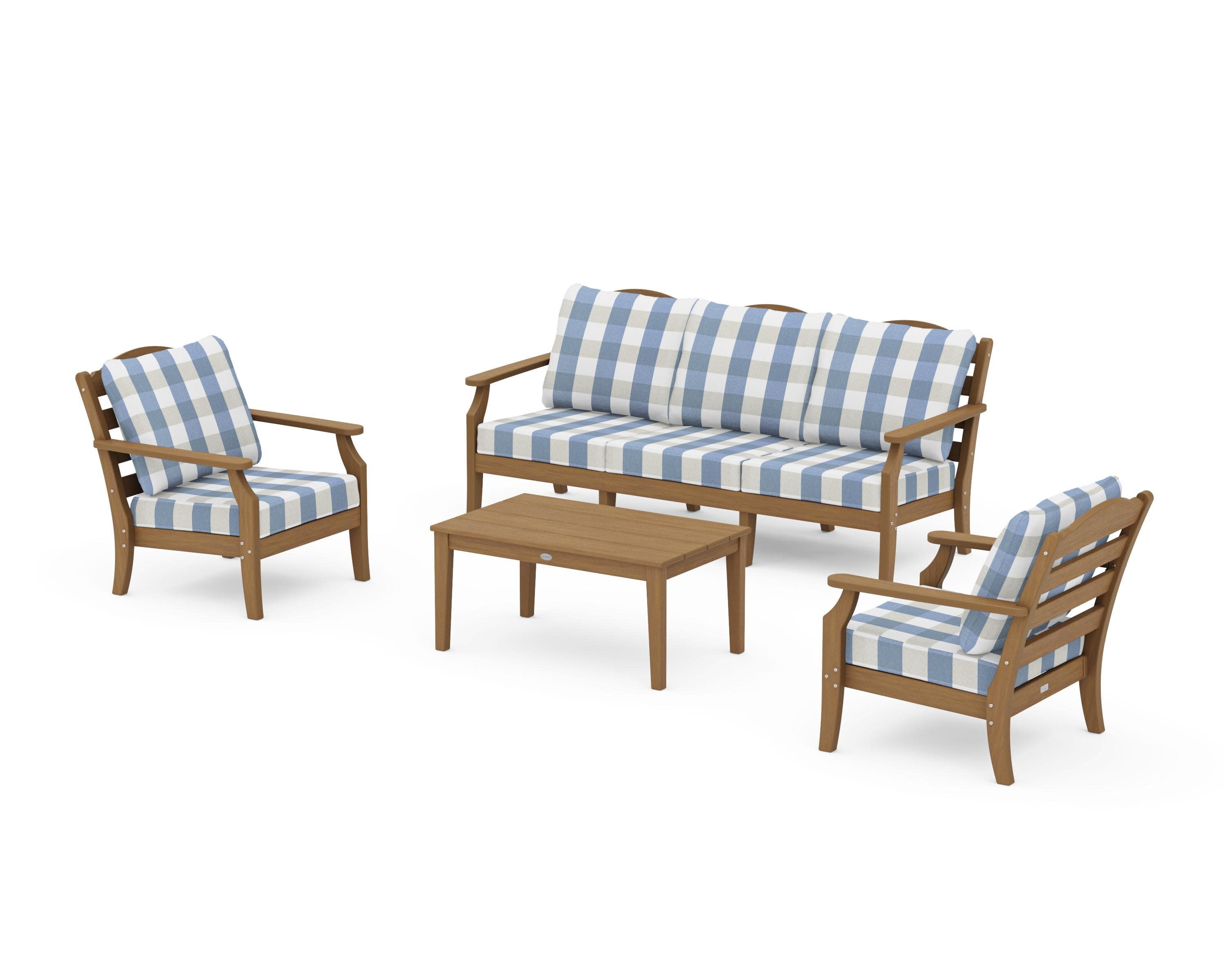 Savannah 4-Piece Deep Seating Set with Sofa in Natural / Buffalo Plaid Sky Blue