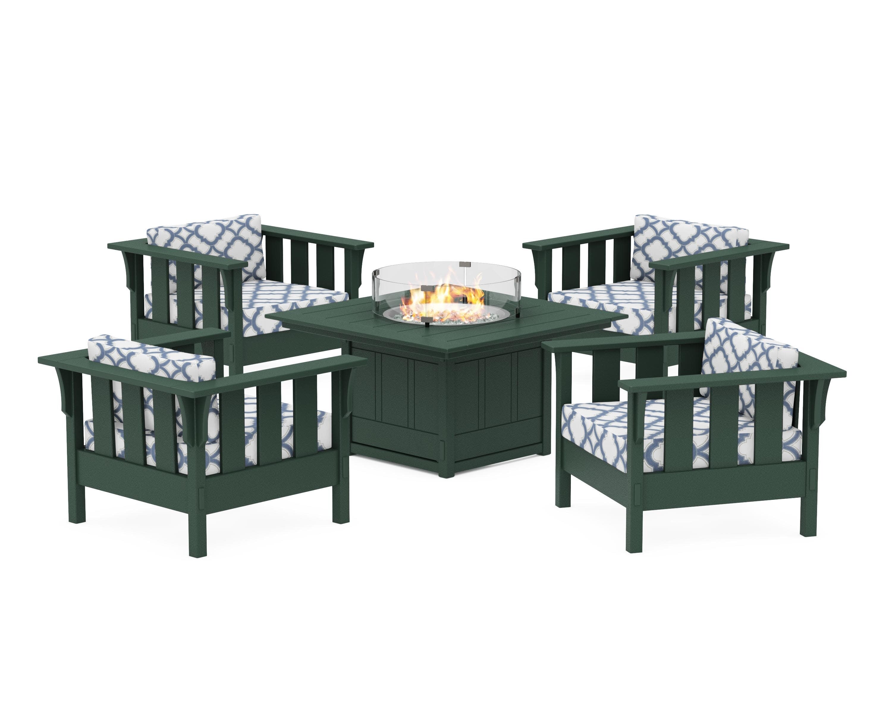 Acadia 5-Piece Deep Seating Set with Fire Pit Table in Green / Trellis Sky Blue