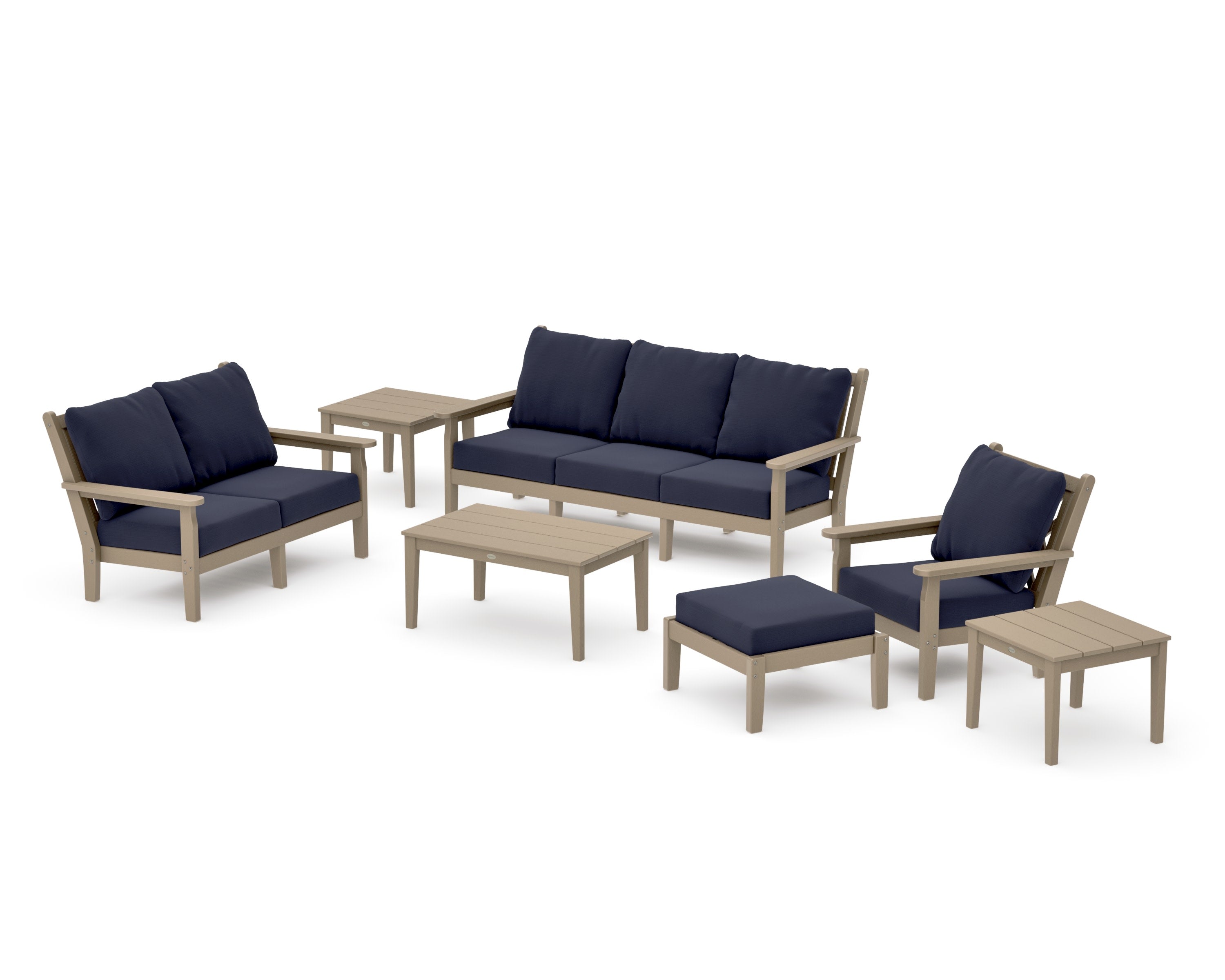 Chippendale 7-Piece Deep Seating Set in Vintage Sahara / Navy Linen
