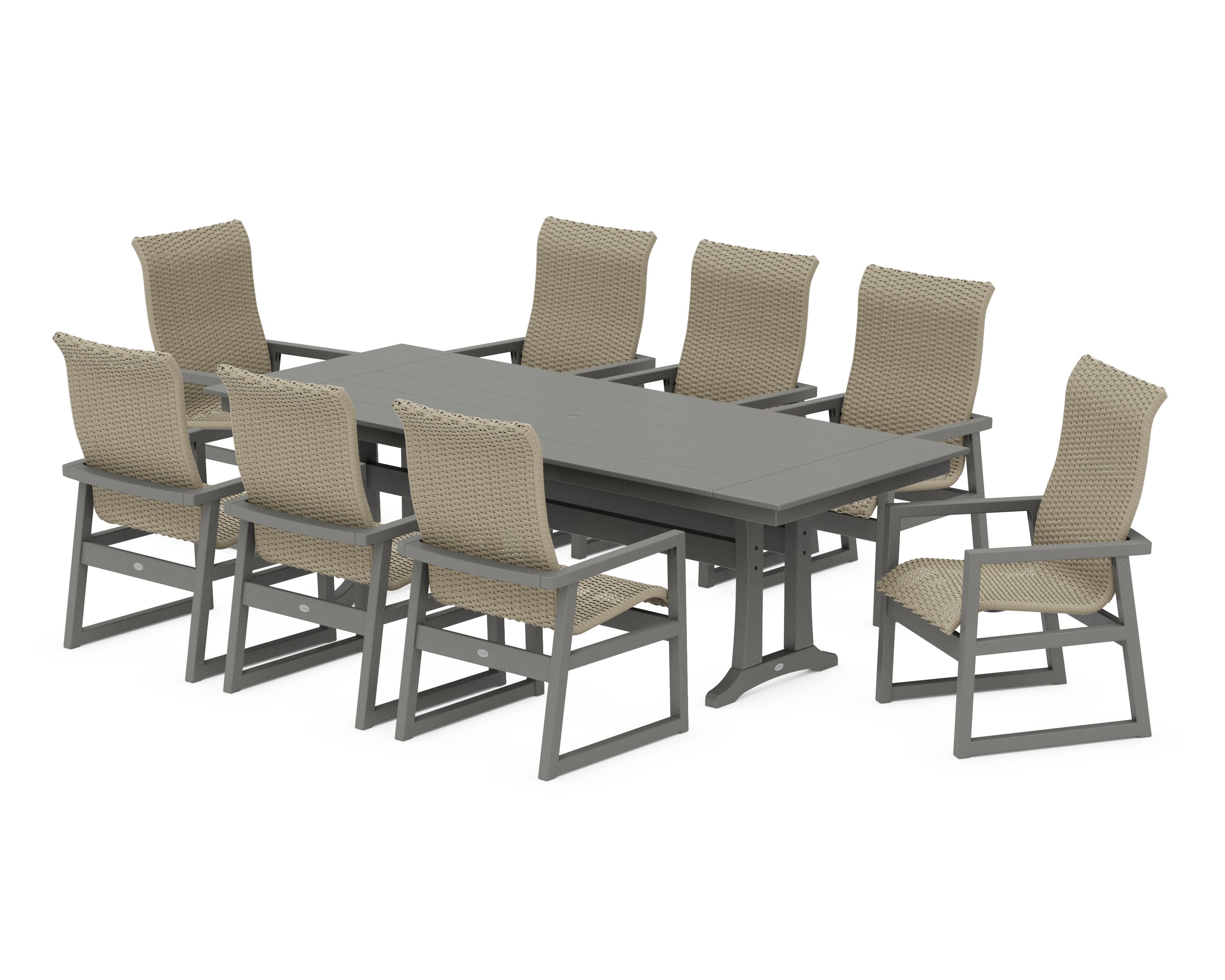 EDGE Woven Highback 9-Piece Farmhouse Dining Set with Trestle Legs in Slate Grey / Dune Grass