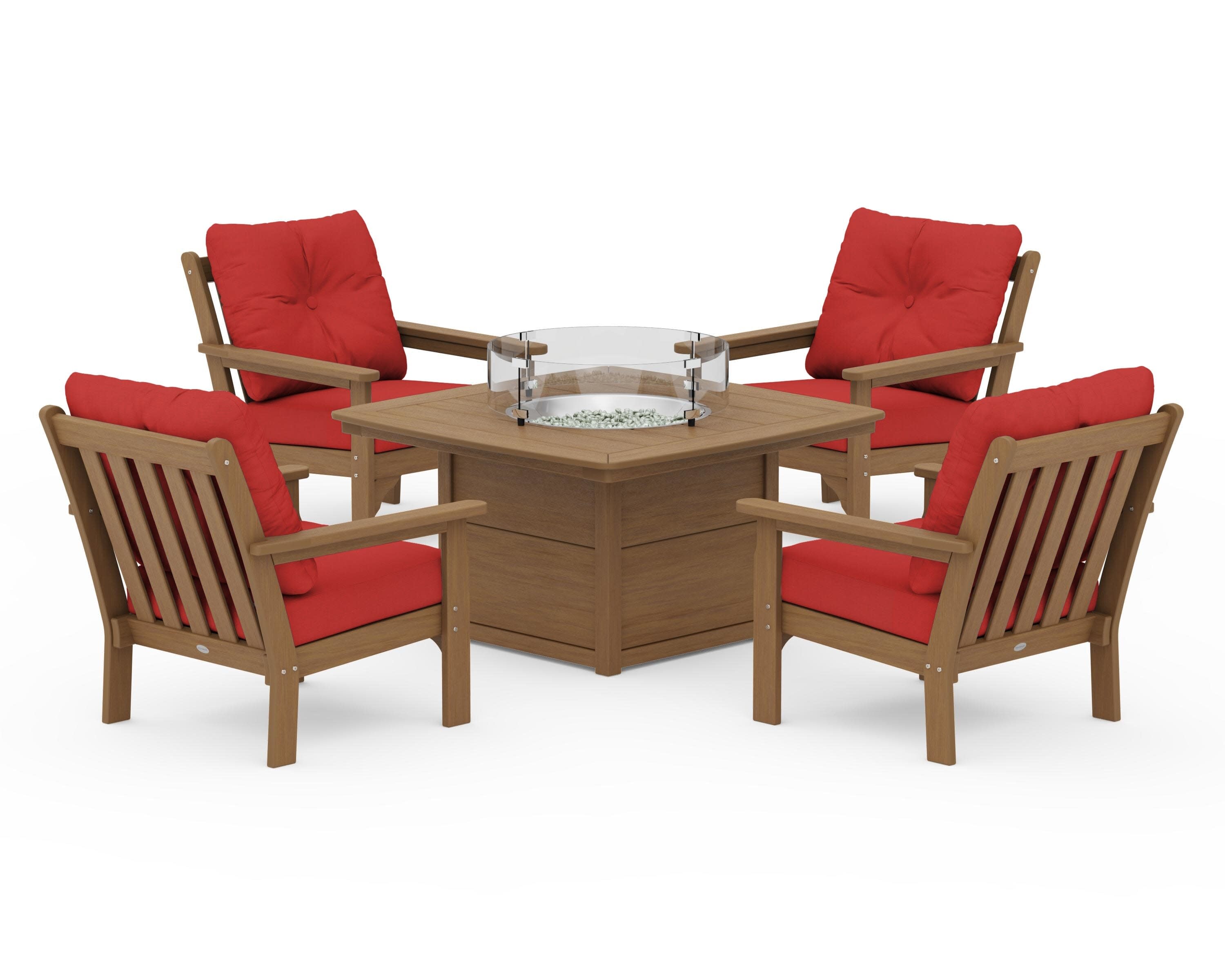 Vineyard 5-Piece Conversation Set with Fire Pit Table in Natural / Crimson Linen