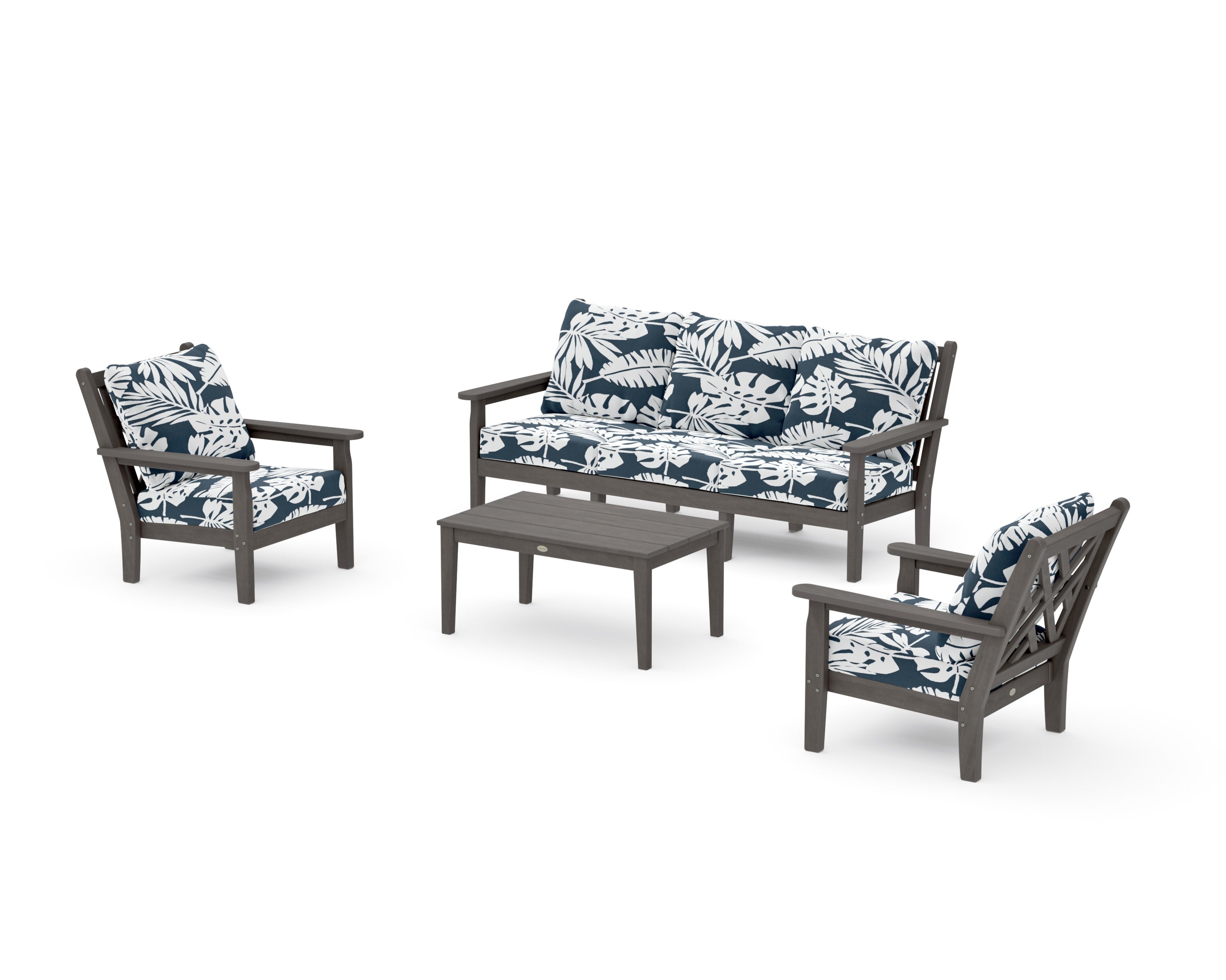 Chippendale 4-Piece Deep Seating Set with Sofa in Driftwood / Leaf Marine Indigo
