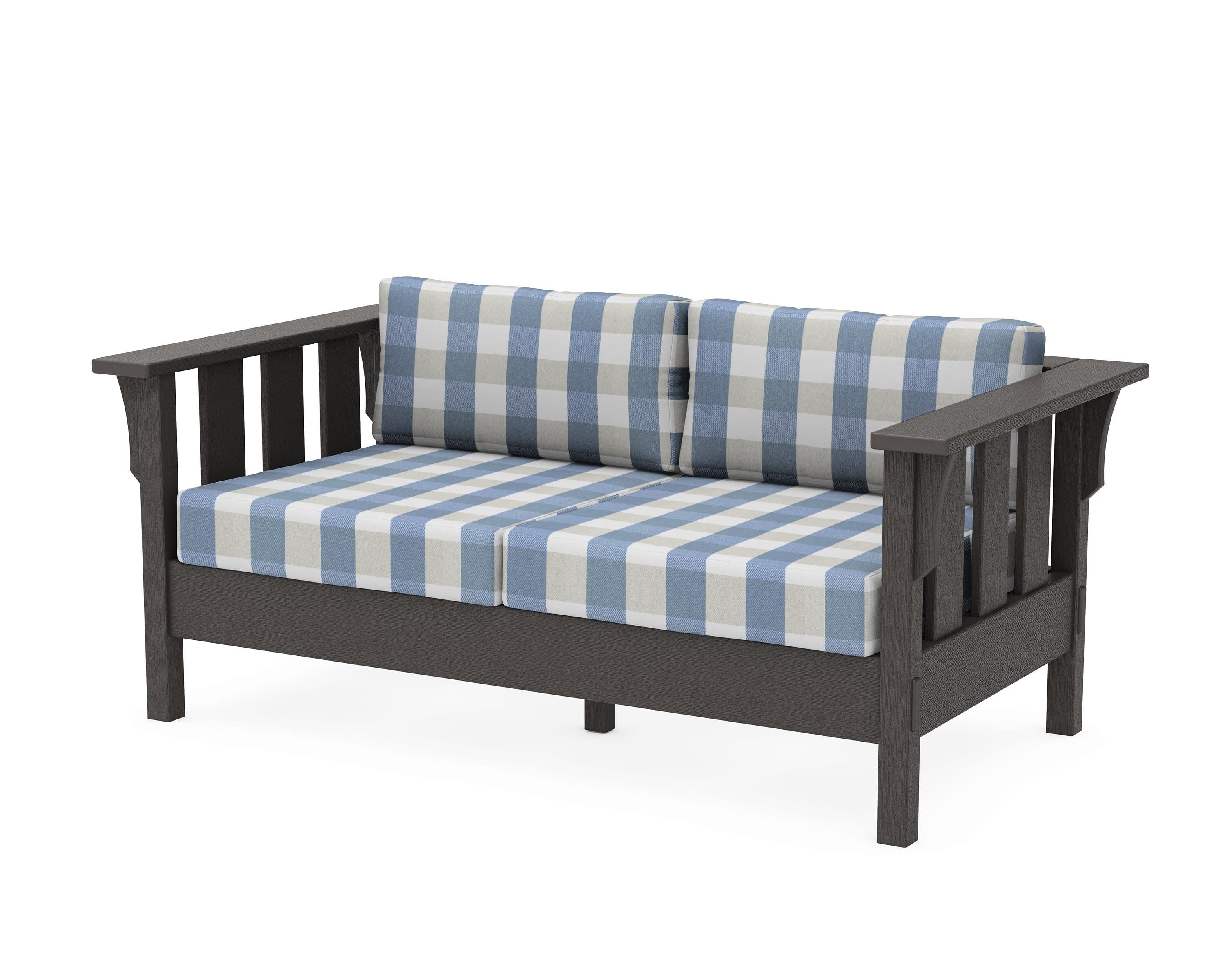 Acadia Deep Seating Loveseat in Vintage Coffee / Buffalo Plaid Sky Blue