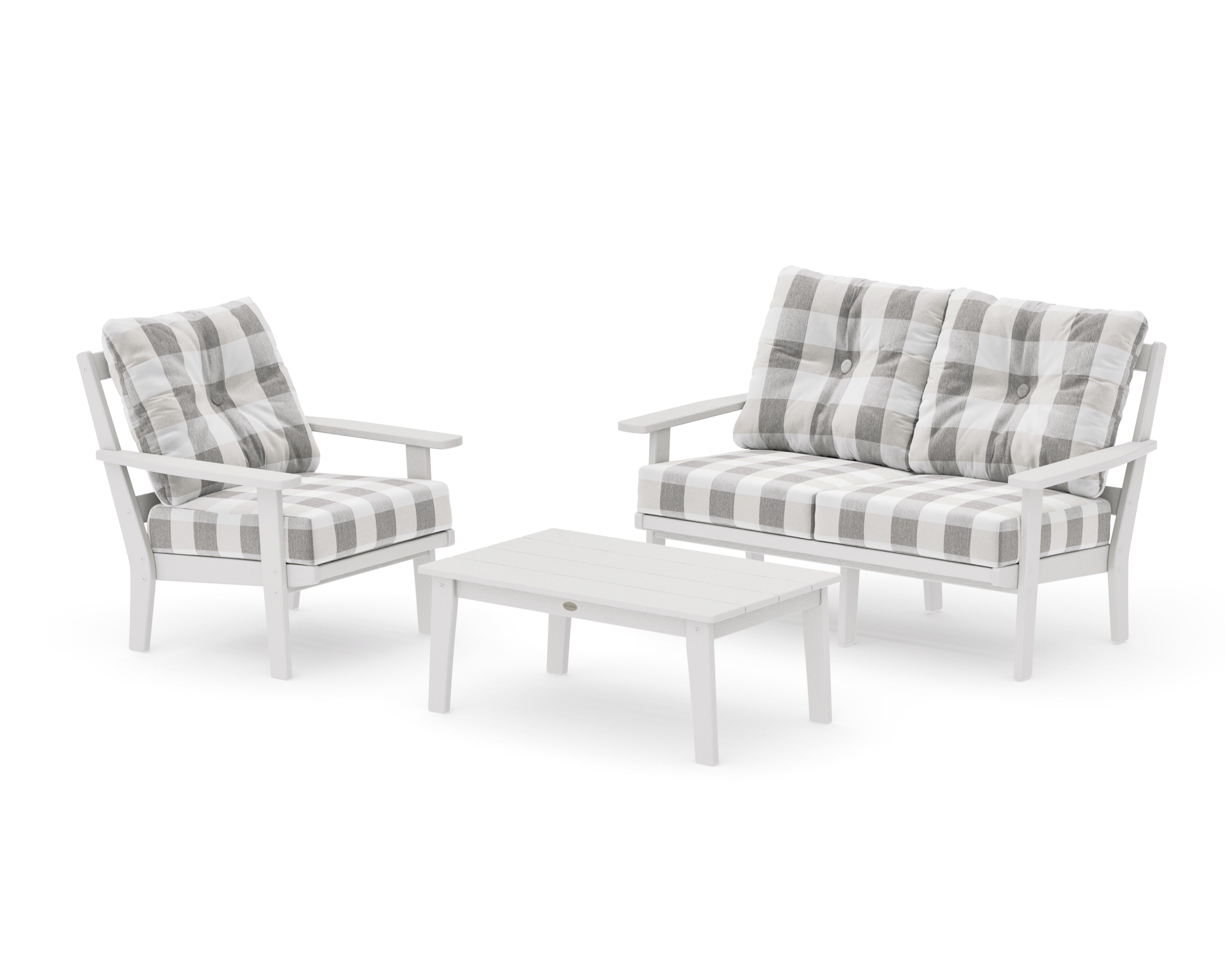 Prairie 3-Piece Deep Seating Set with Loveseat in Vintage White / Buffalo Plaid Grey Mist