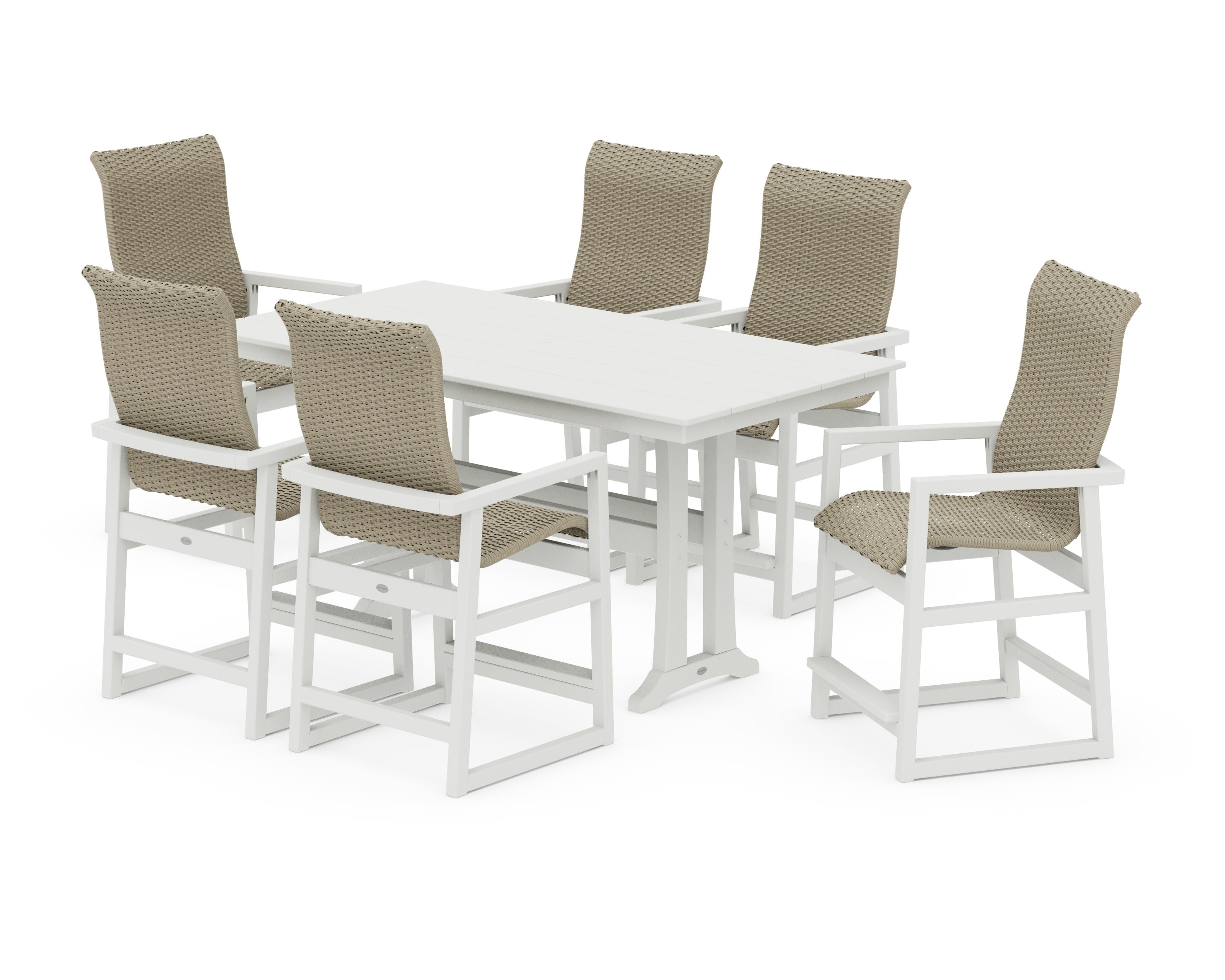 EDGE Woven Highback Arm Chair 7-Piece Farmhouse Counter Set with Trestle Legs in Vintage White / Dune Grass