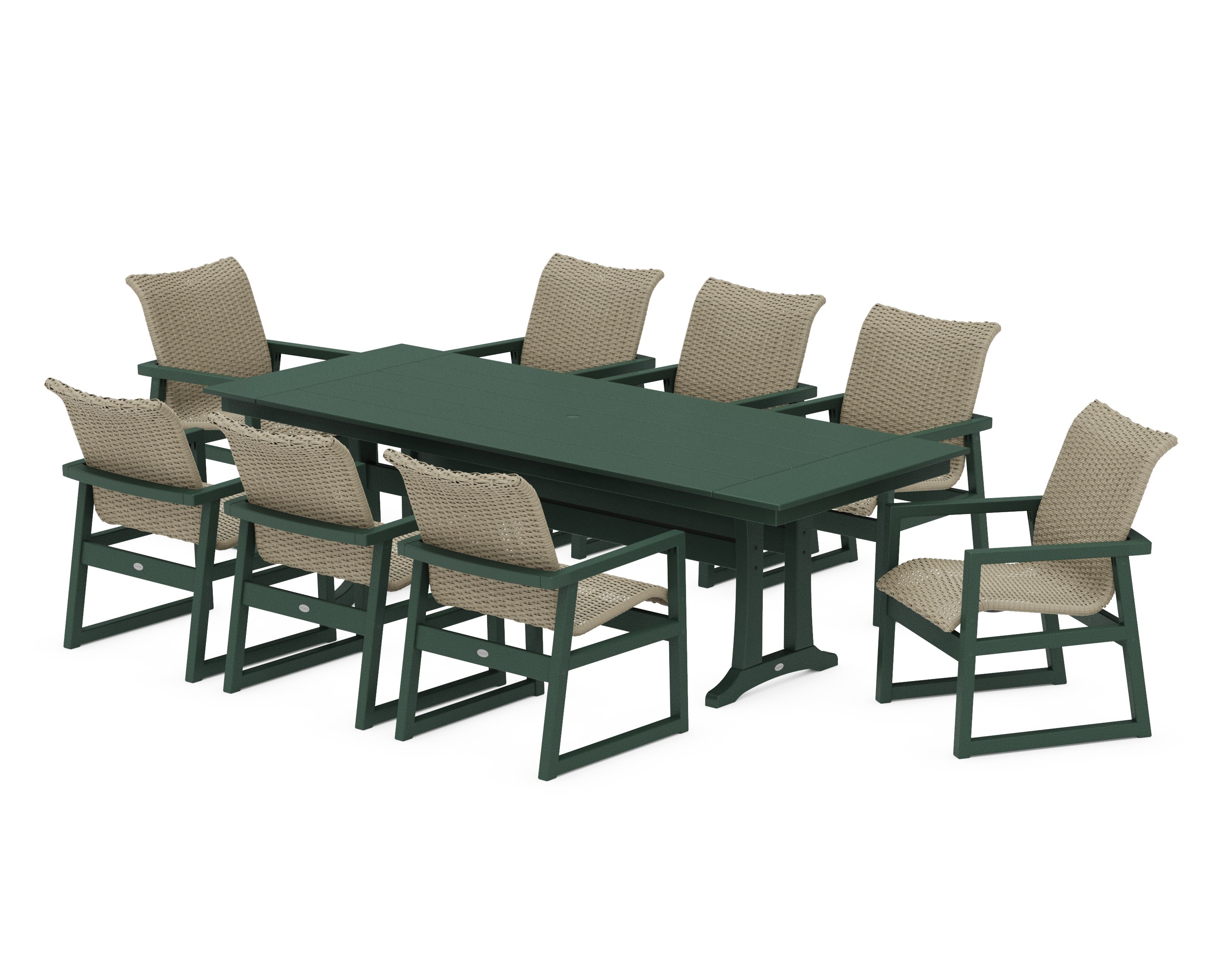 EDGE Woven 9-Piece Farmhouse Dining Set with Trestle Legs in Green / Dune Grass