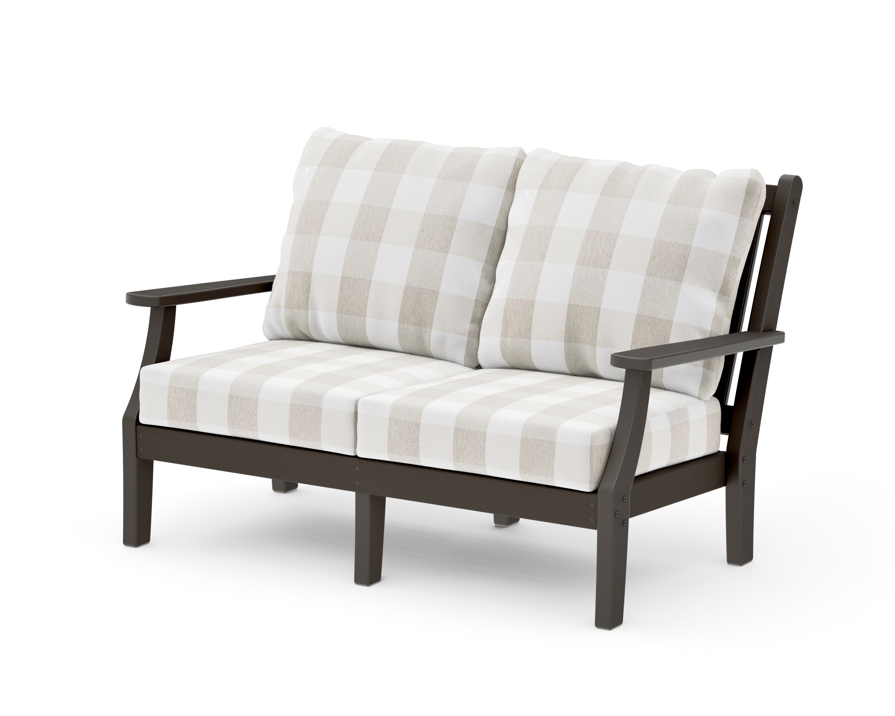 Wovendale Deep Seating Loveseat in Vintage Coffee / Buffalo Plaid Dune Burlap