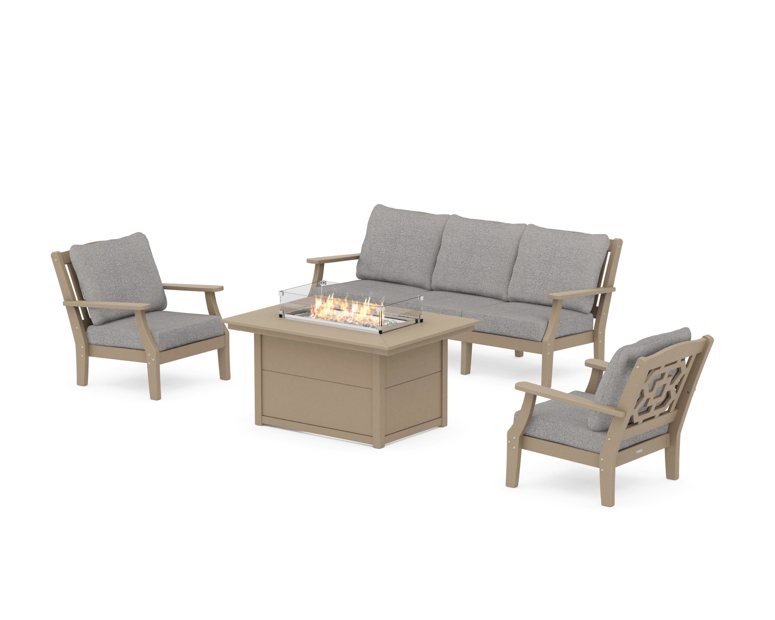 Chinoiserie Deep Seating Fire Pit Table Set in Vintage Sahara / Grey Mist