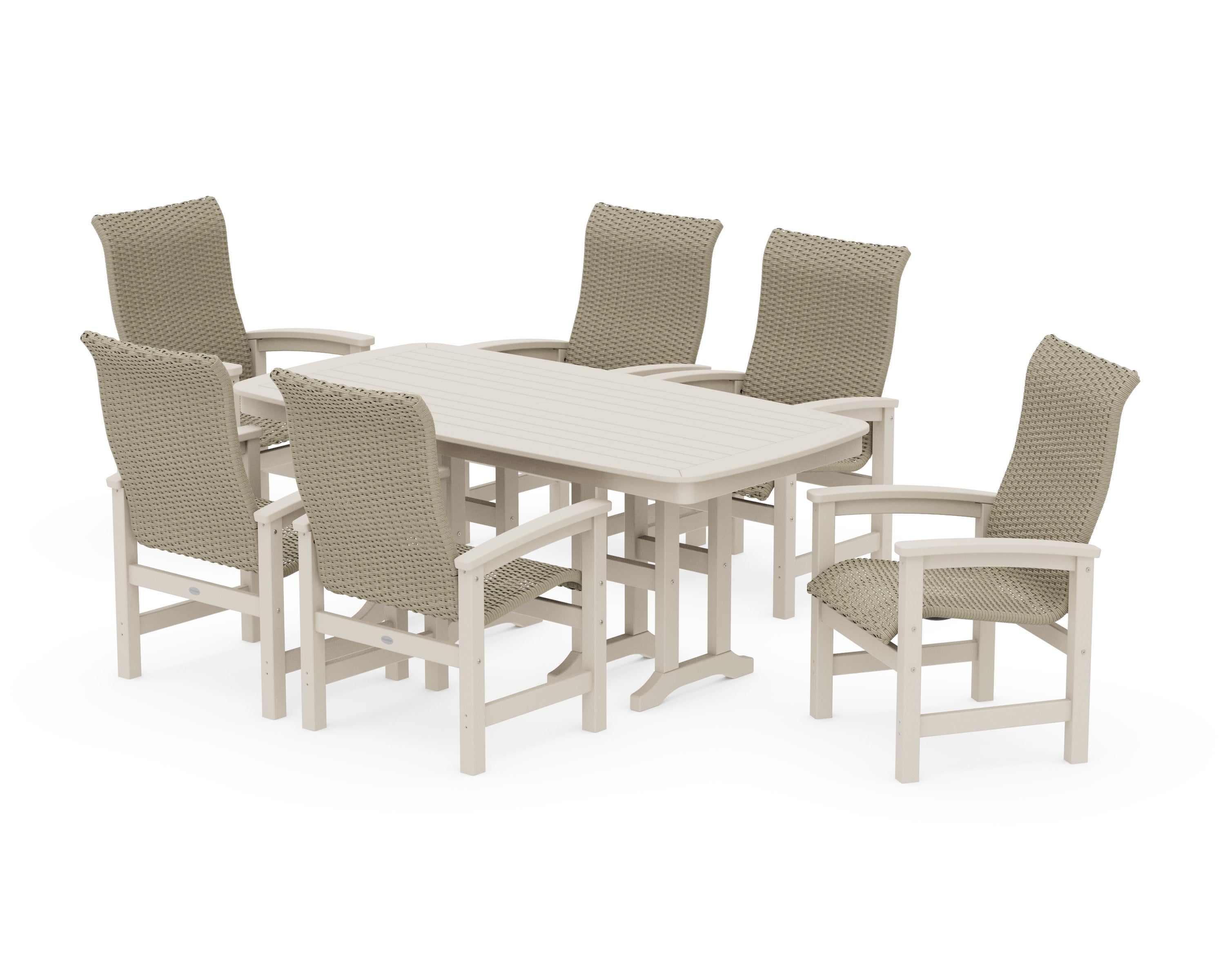 Coastal Woven High-Back Arm Chair 7-Piece Dining Set in Sand / Dune Grass