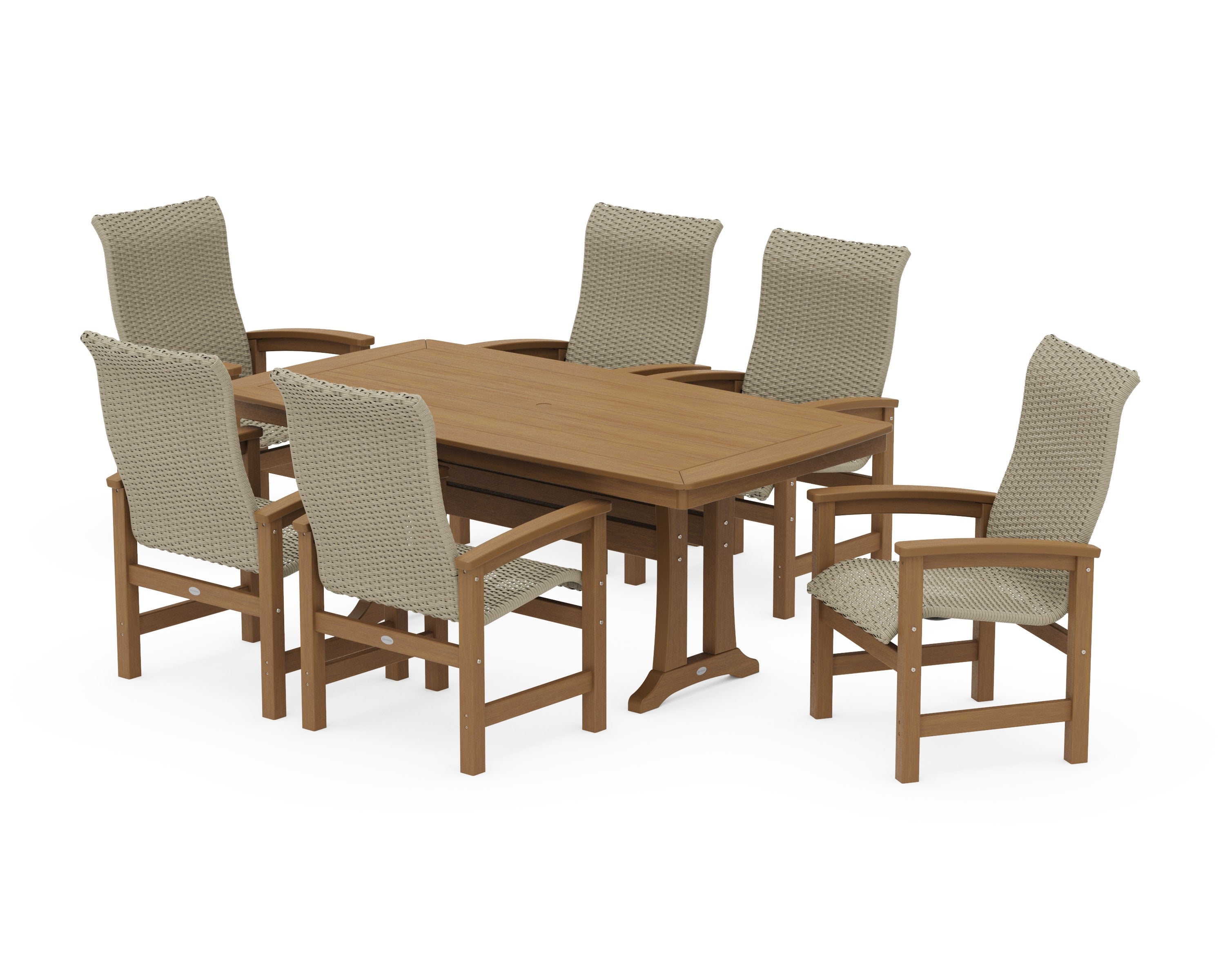 Coastal Woven High-Back Arm Chair 7-Piece Dining Set with Trestle Legs in Natural / Dune Grass