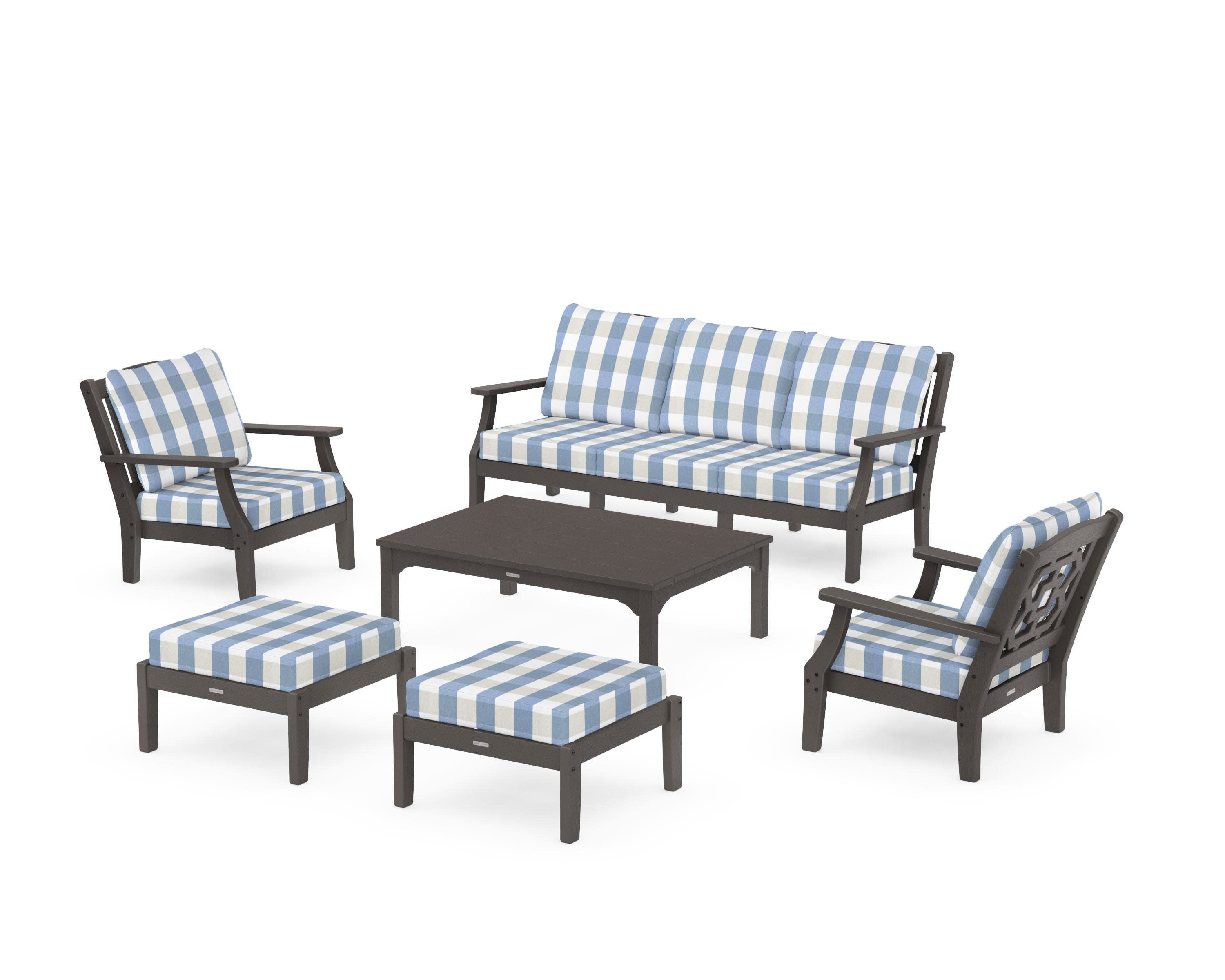 Chinoiserie 6-Piece Lounge Sofa Set in Vintage Coffee / Buffalo Plaid Sky Blue