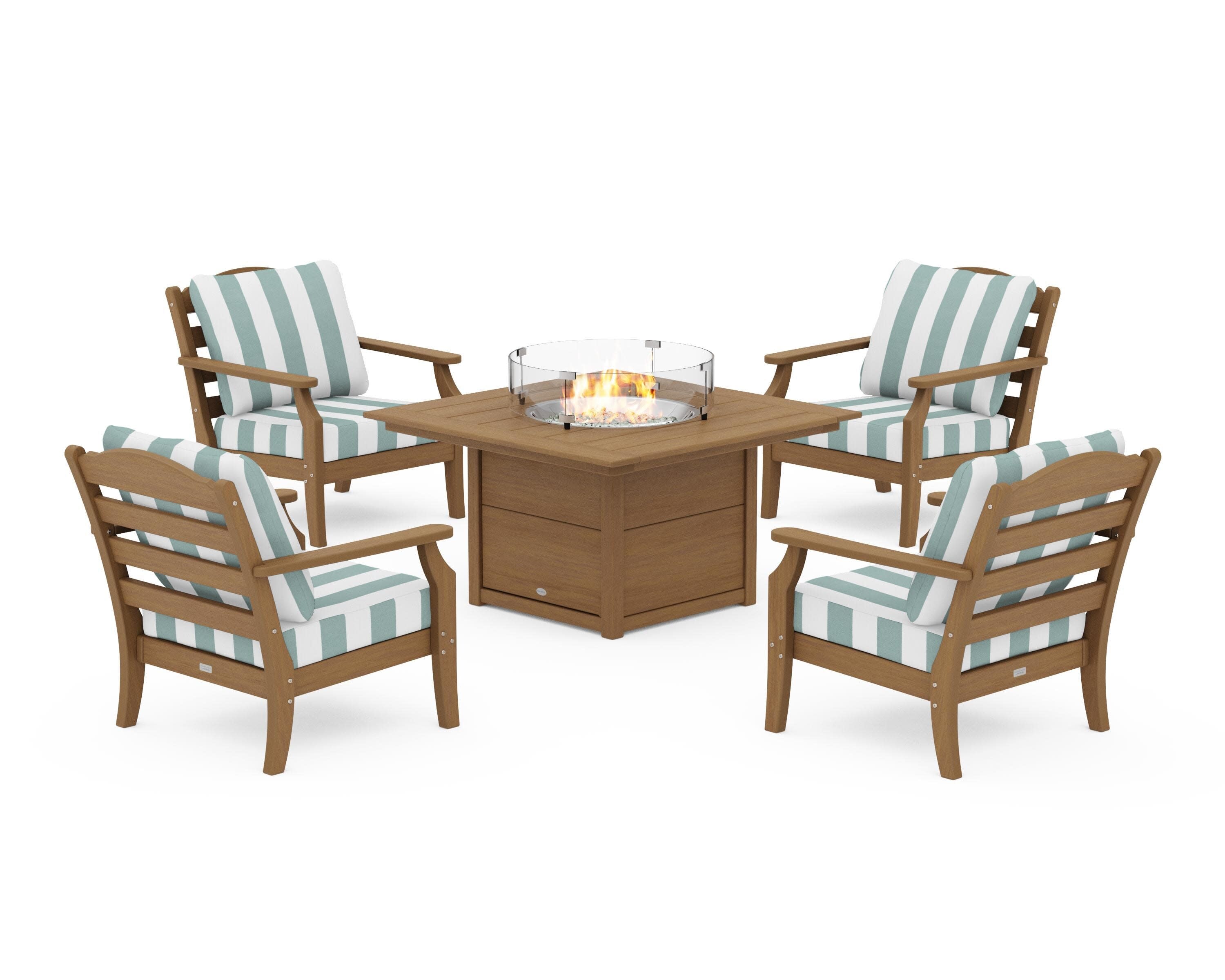 Savannah 5-Piece Deep Seating Set with Fire Pit Table in Natural / Cabana Stripe Glacier Spa
