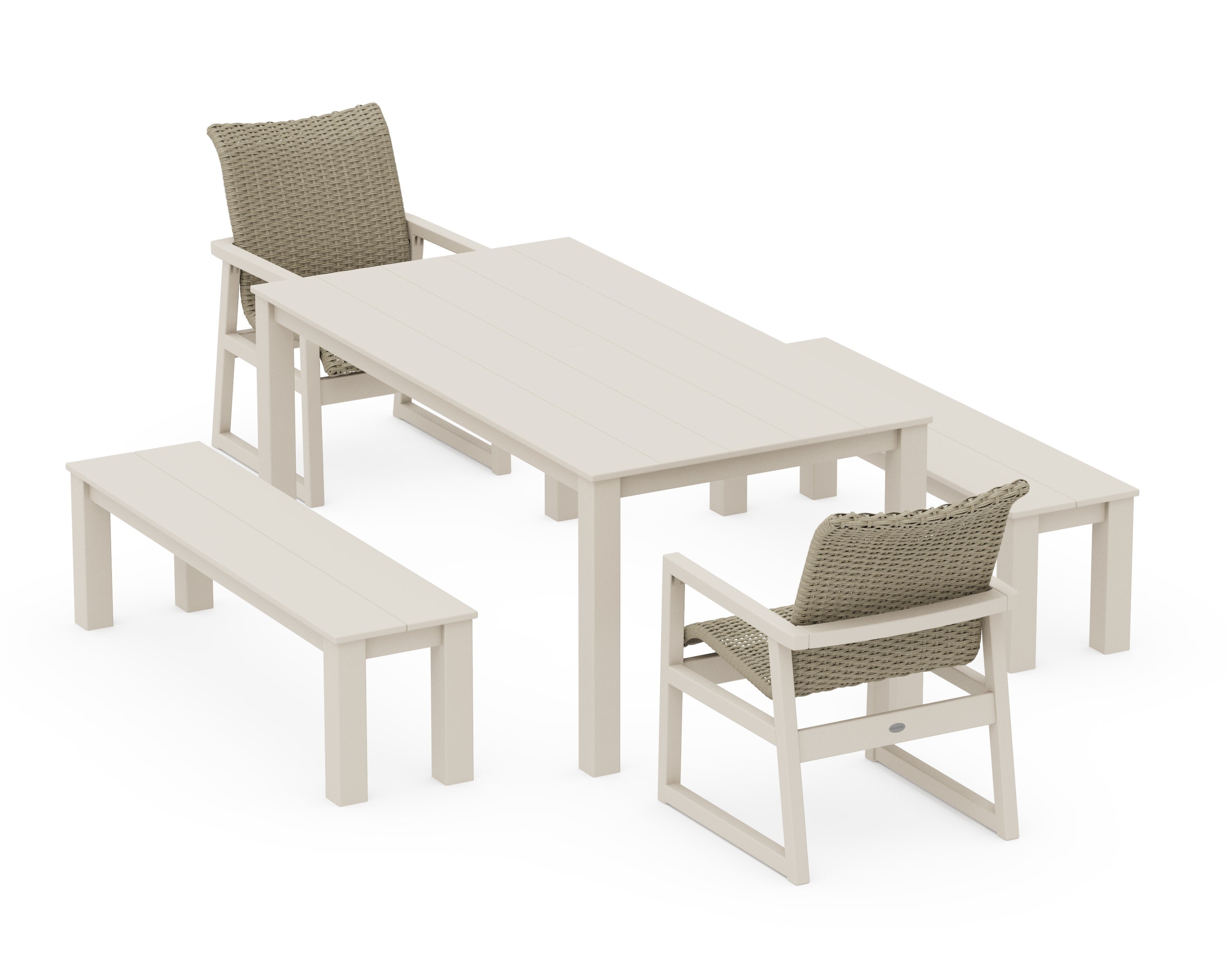 EDGE Woven 5-Piece Parsons Dining Set with Benches in Sand / Dune Grass