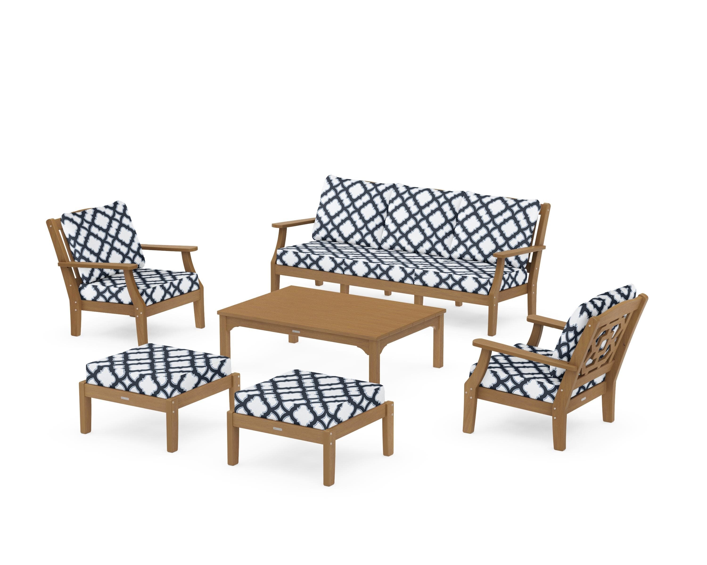 Chinoiserie 6-Piece Lounge Sofa Set in Natural / Trellis Marine Indigo
