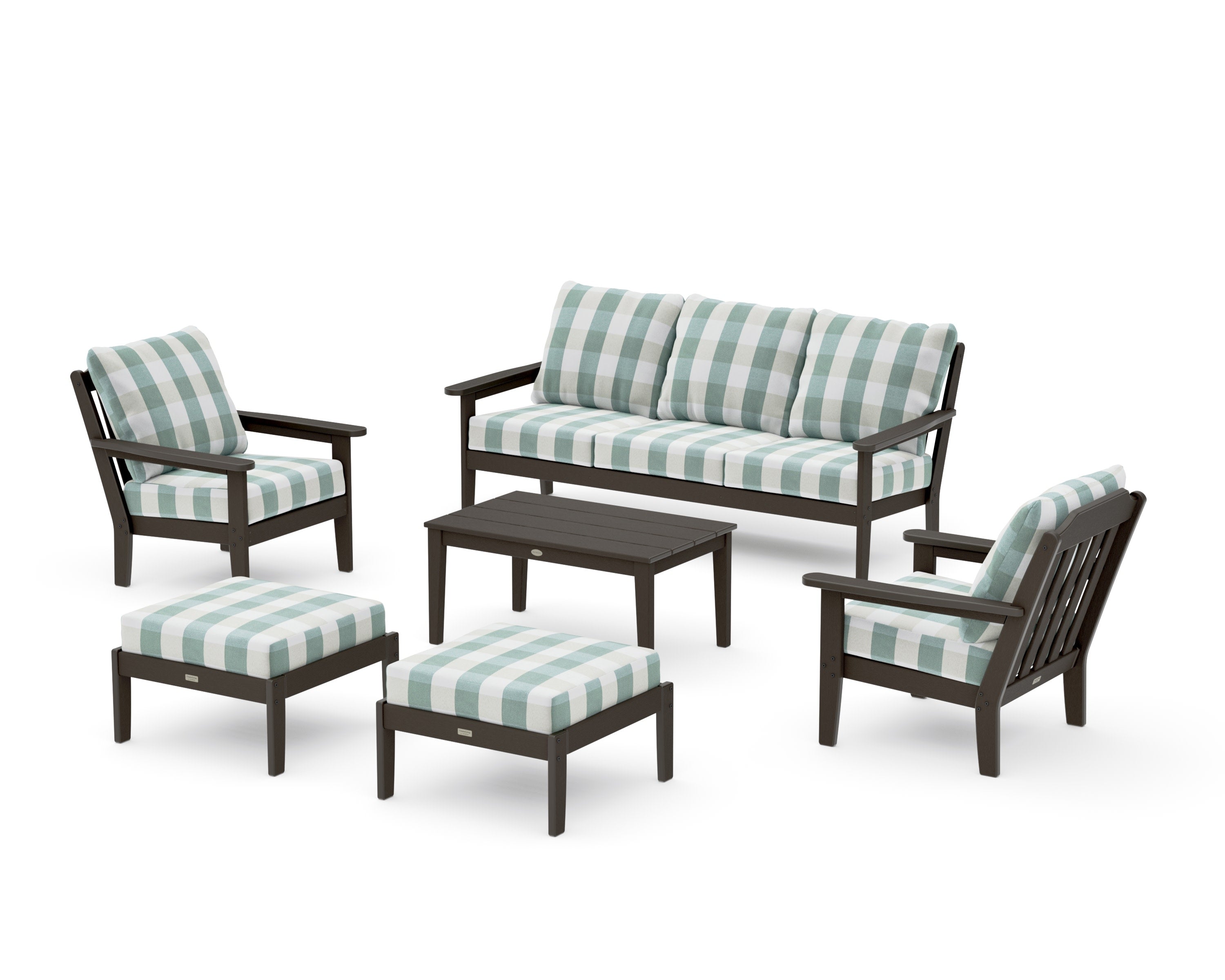 Cottage 6-Piece Lounge Sofa Set in Vintage Coffee / Buffalo Plaid Glacier Spa