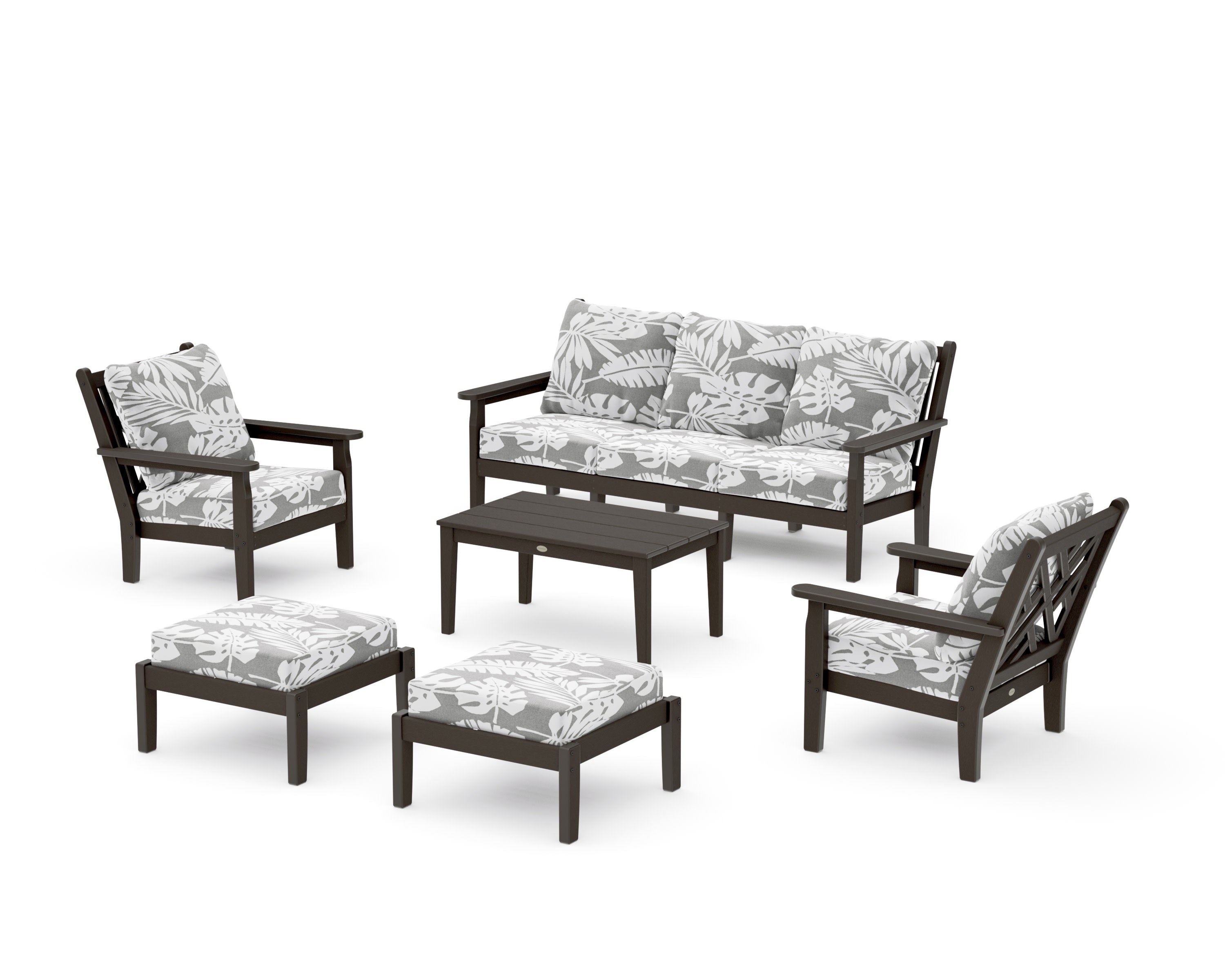 Chippendale 6-Piece Lounge Sofa Set in Vintage Coffee / Leaf Grey Mist