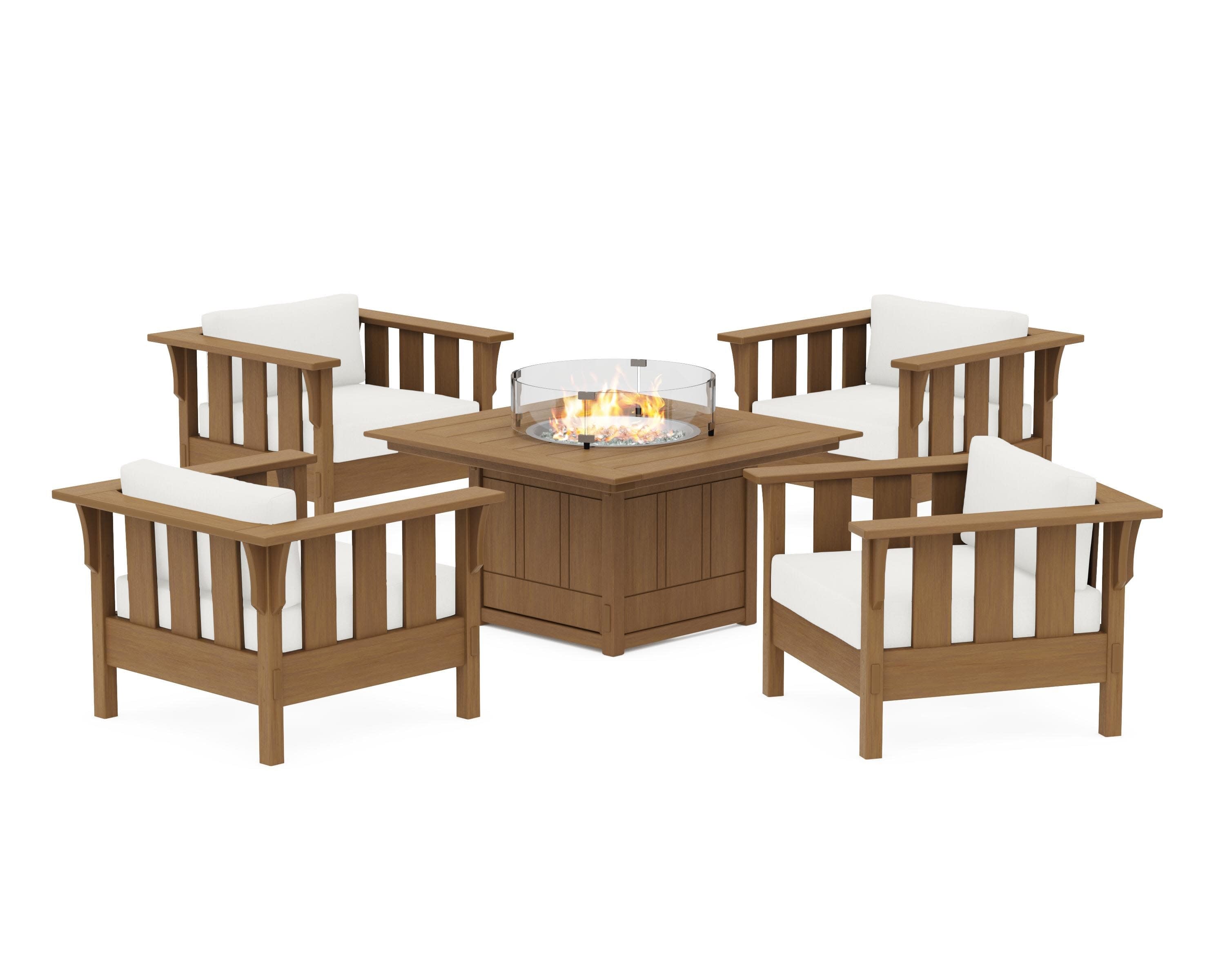 Acadia 5-Piece Deep Seating Set with Fire Pit Table in Natural / Natural Linen