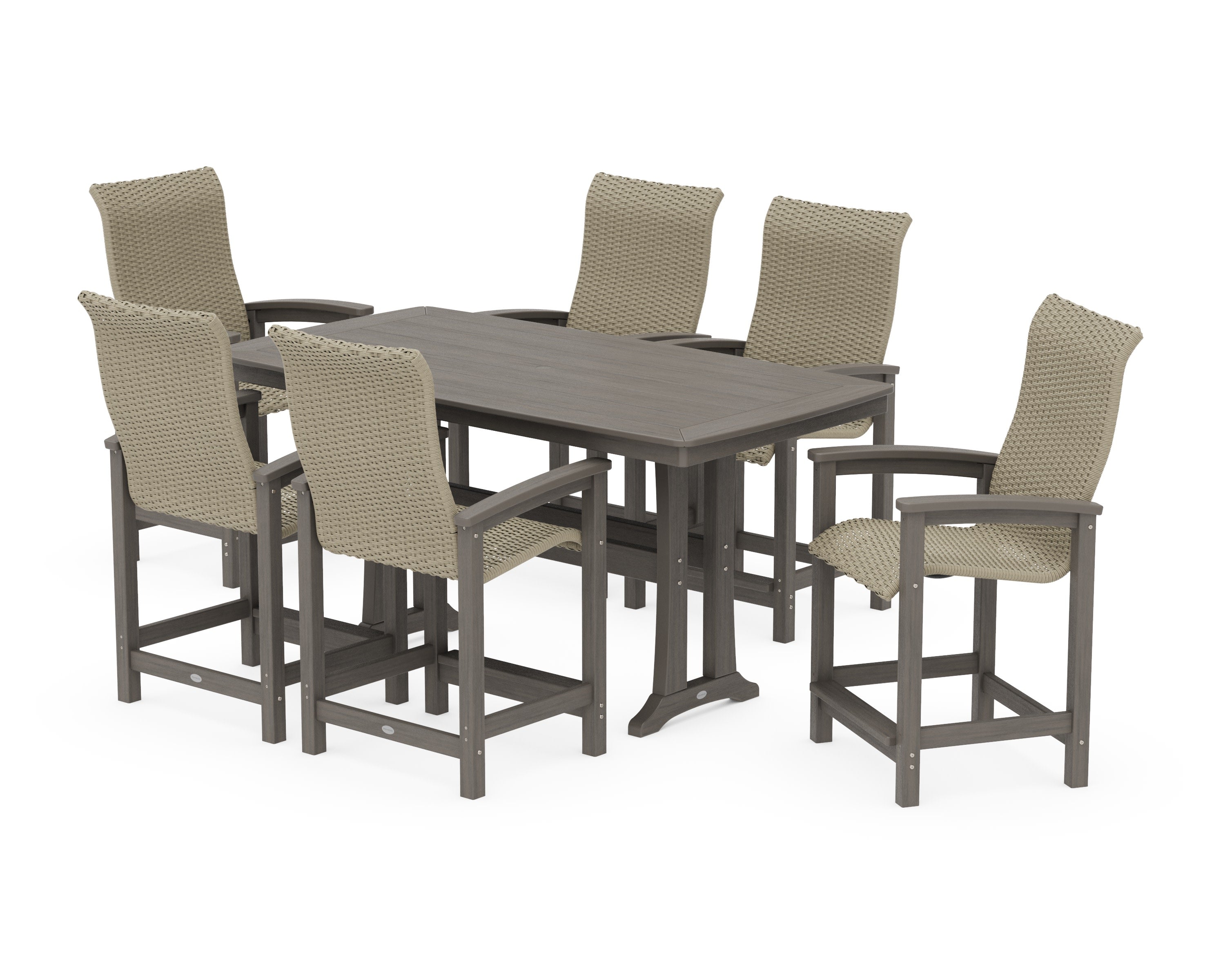 Coastal Woven High-Back Arm Chair 7-Piece Counter Set with Trestle Legs in Driftwood / Dune Grass