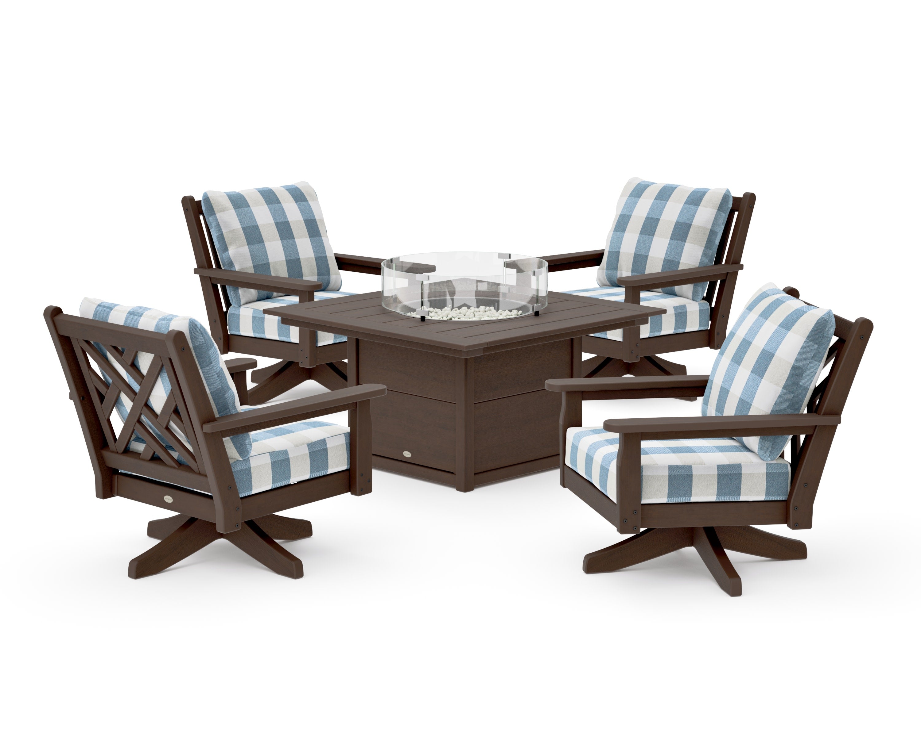 Chippendale 5-Piece Deep Seating Swivel Conversation Set with Fire Pit Table in Kona / Buffalo Plaid Sky Blue