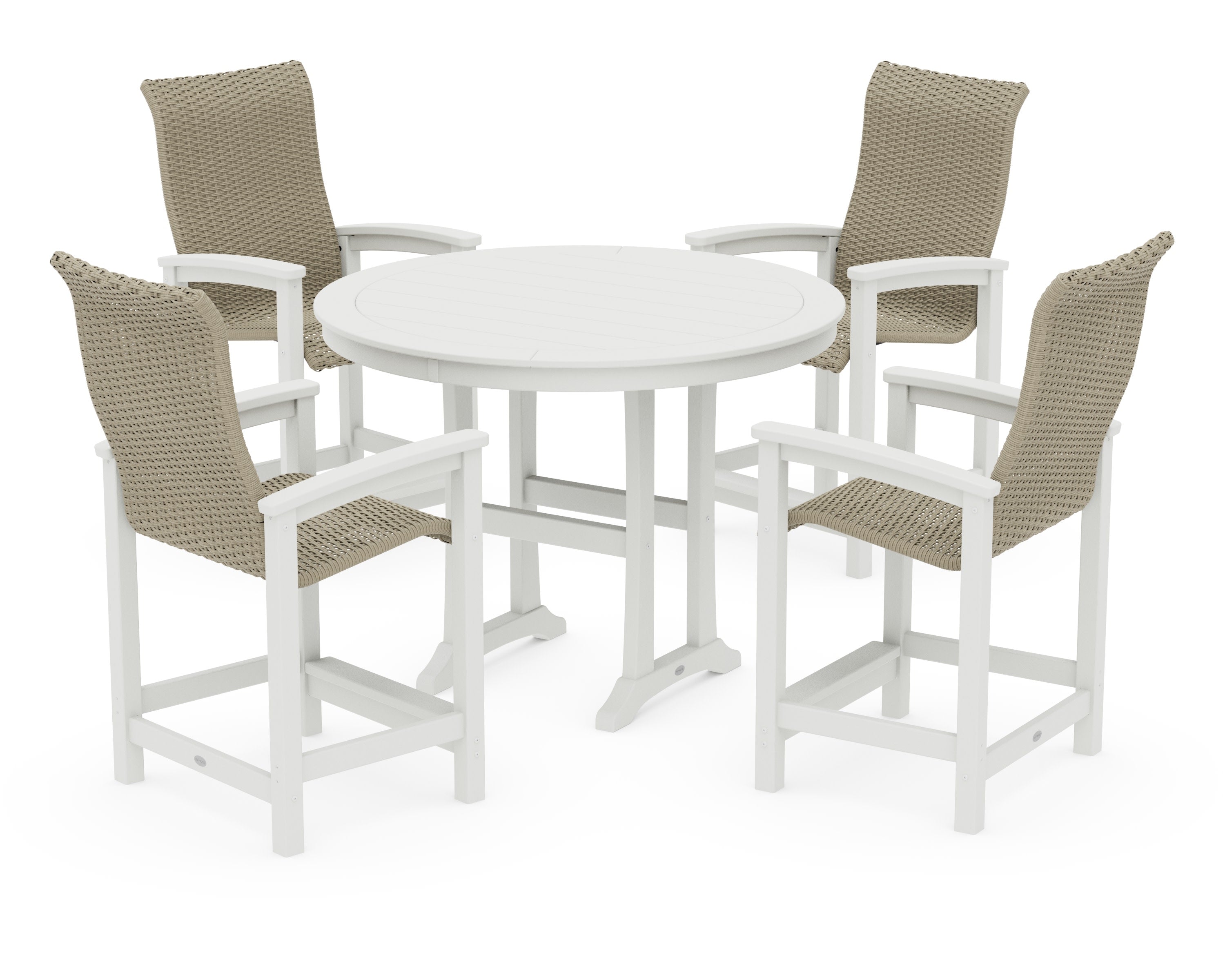 Coastal Woven High-Back 5-Piece Round Counter Set in Vintage White / Dune Grass