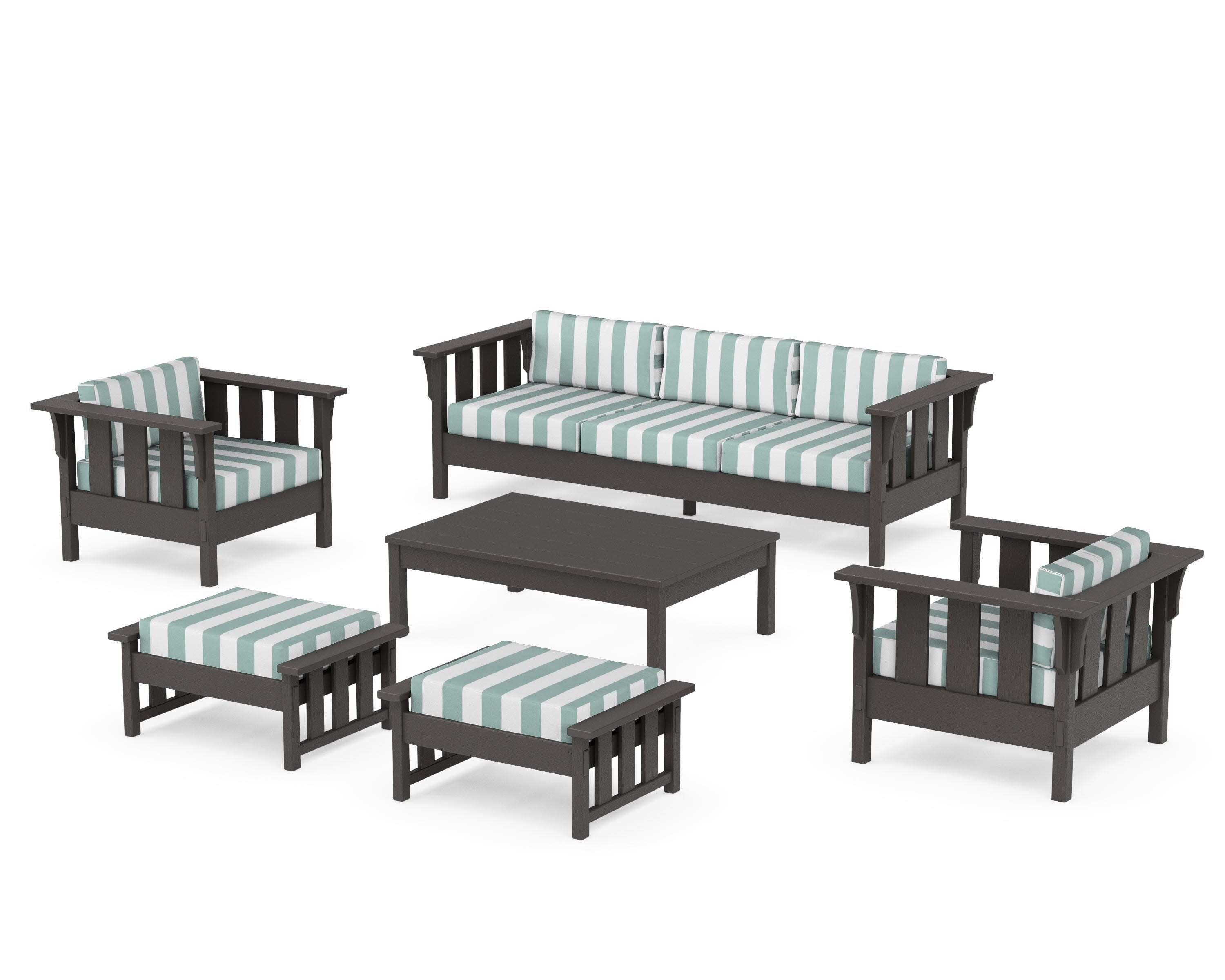 Acadia 6-Piece Lounge Sofa Set in Vintage Coffee / Cabana Stripe Glacier Spa