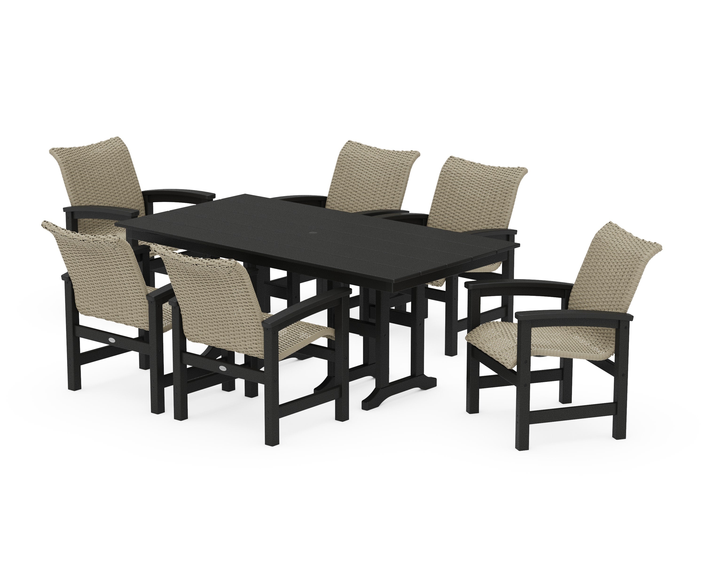 Coastal Woven Arm Chair 7-Piece Farmhouse Dining Set in Black / Dune Grass