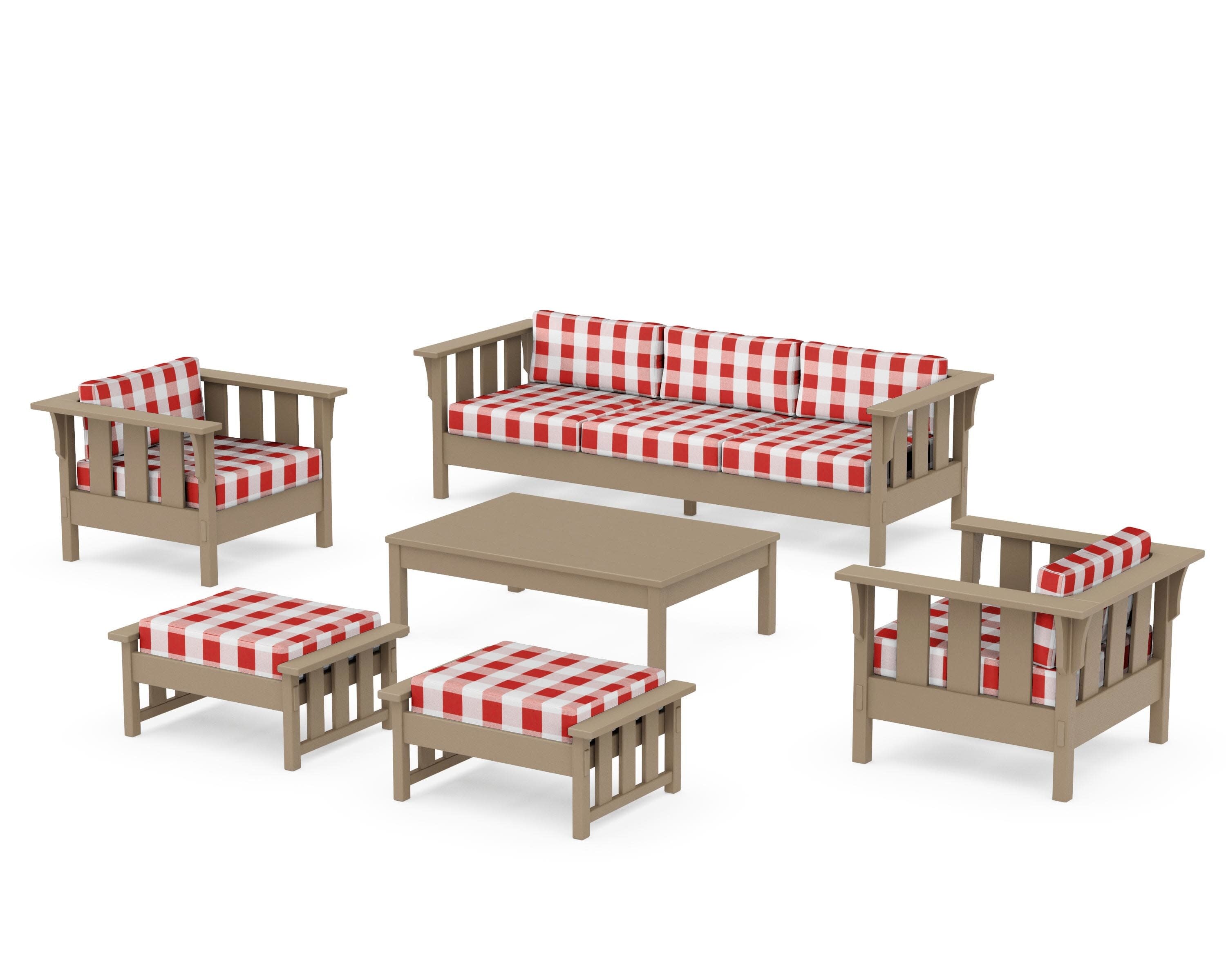 Acadia 6-Piece Lounge Sofa Set in Vintage Sahara / Buffalo Plaid Crimson