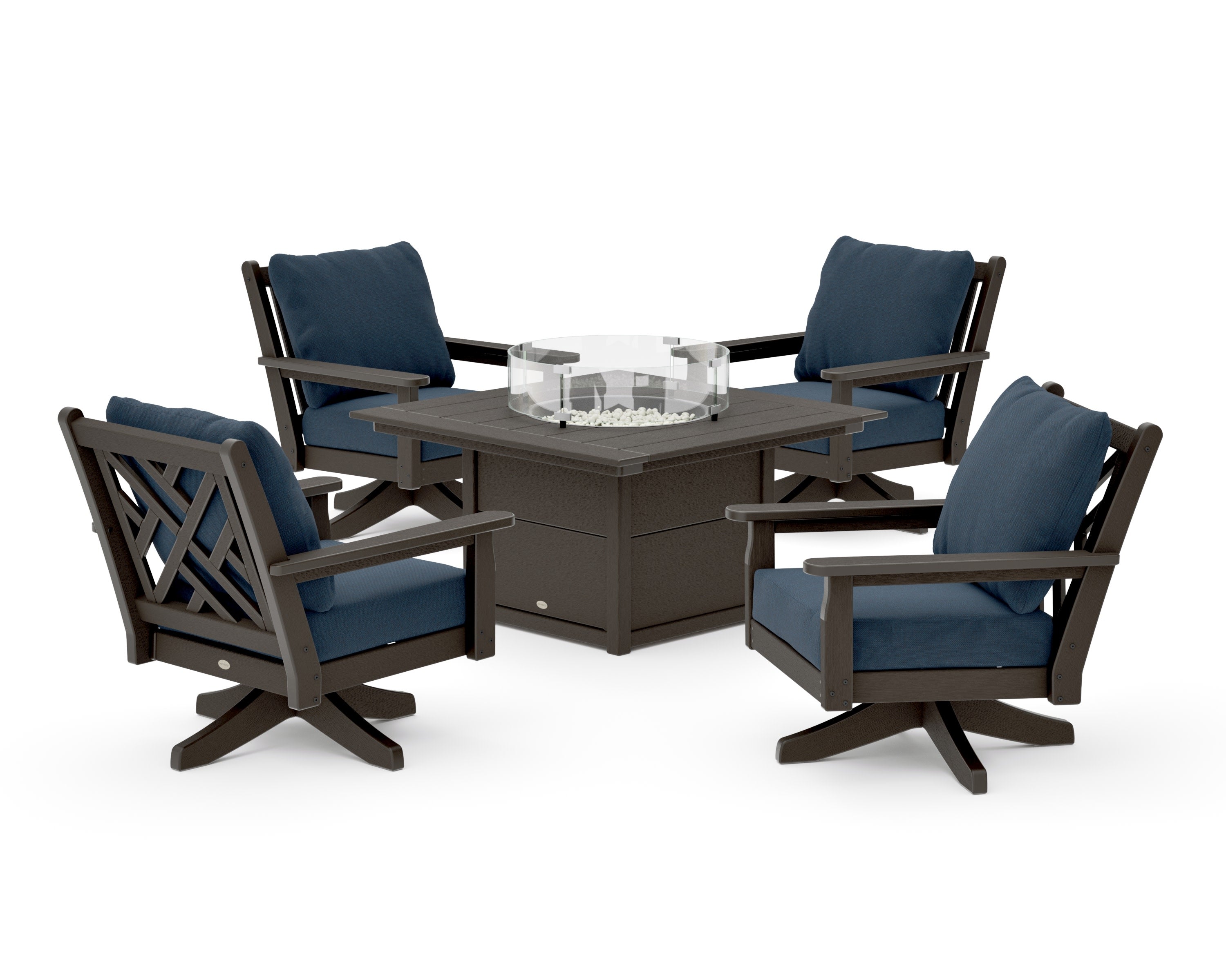Chippendale 5-Piece Deep Seating Swivel Conversation Set with Fire Pit Table in Vintage Coffee / Marine Indigo