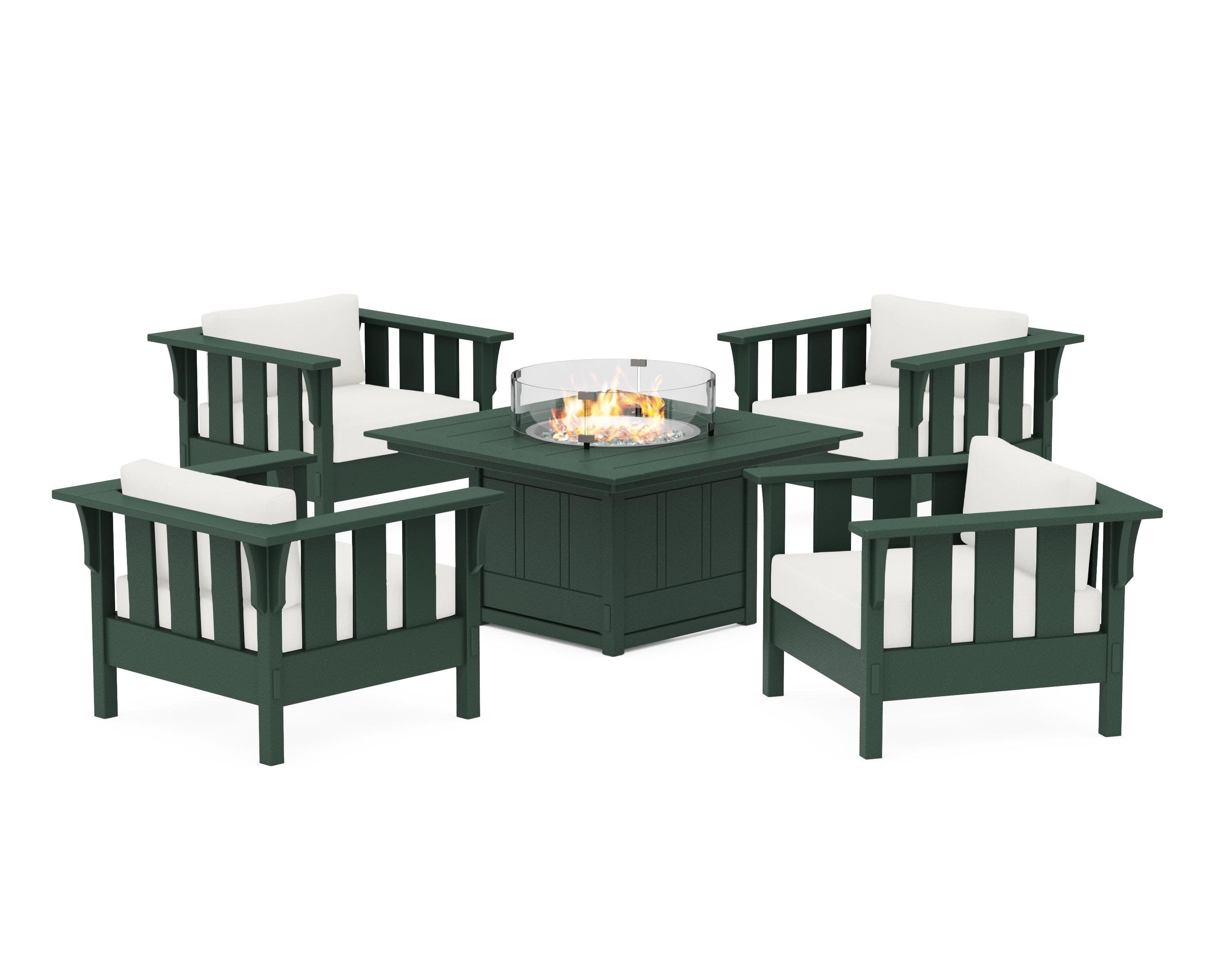 Acadia 5-Piece Deep Seating Set with Fire Pit Table in Green / Natural Linen