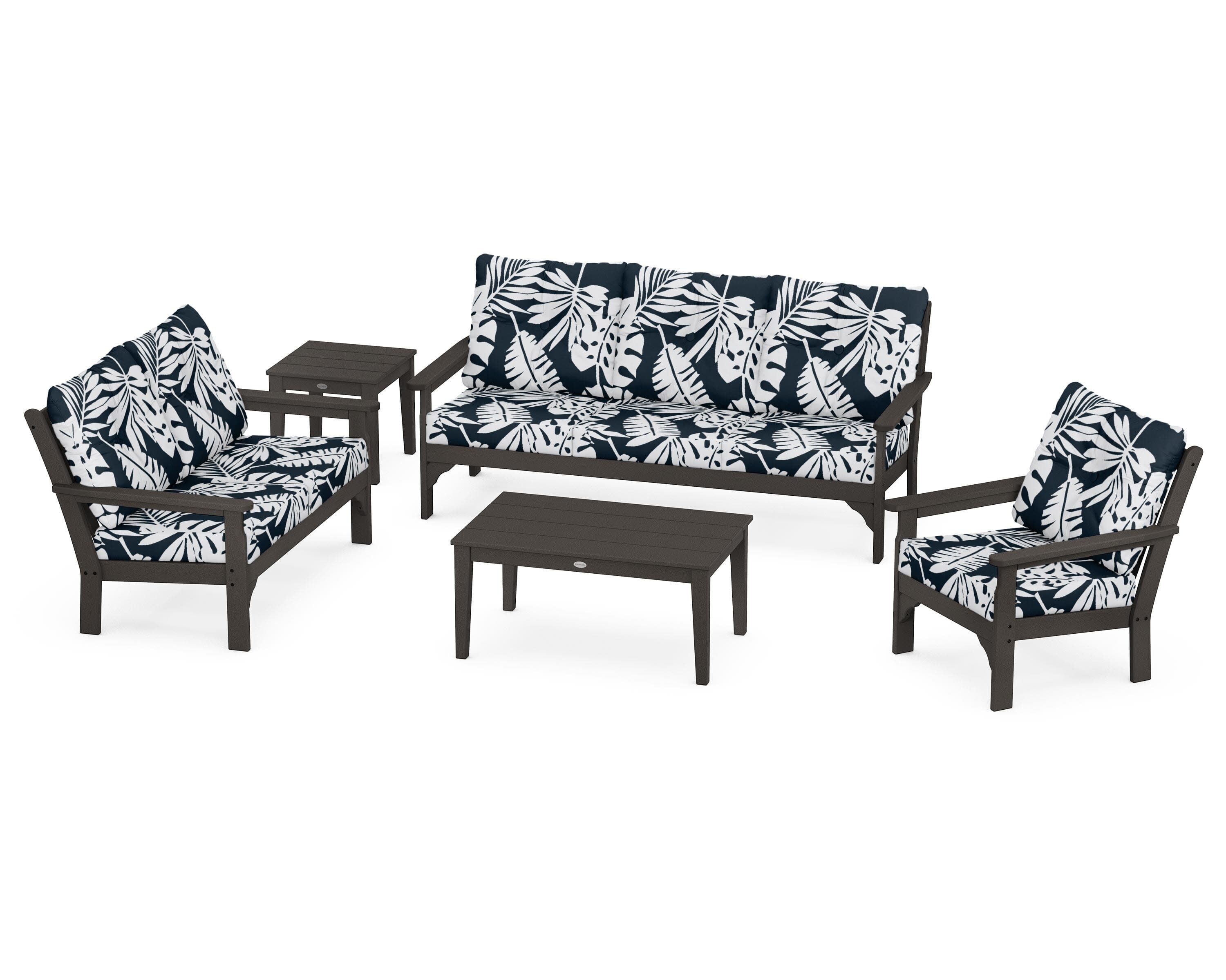 Vineyard 5 Piece Deep Seating Set in Vintage Coffee / Leaf Marine Indigo
