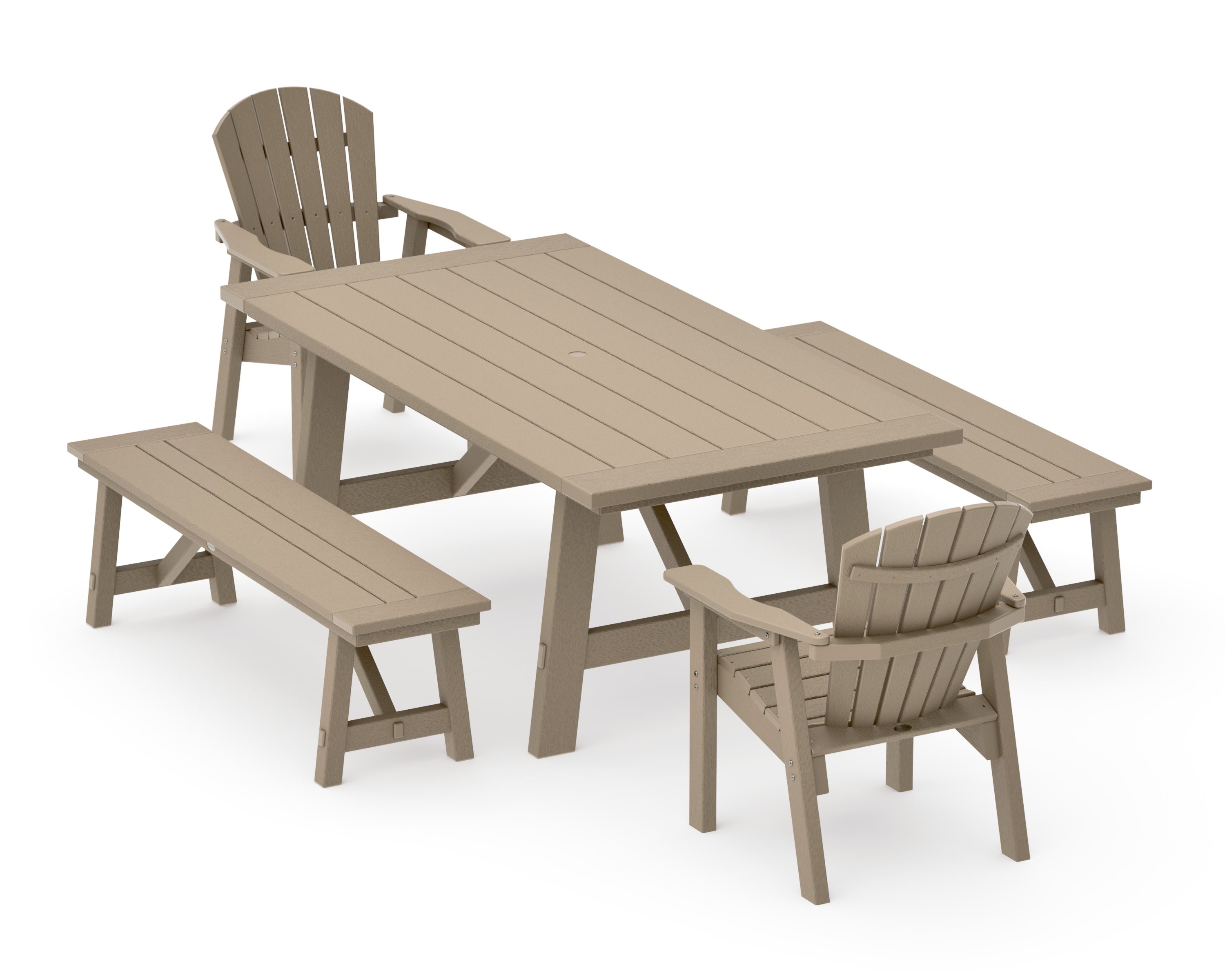 Seashell 5-Piece Rustic Farmhouse Dining Set With Benches in Vintage Sahara