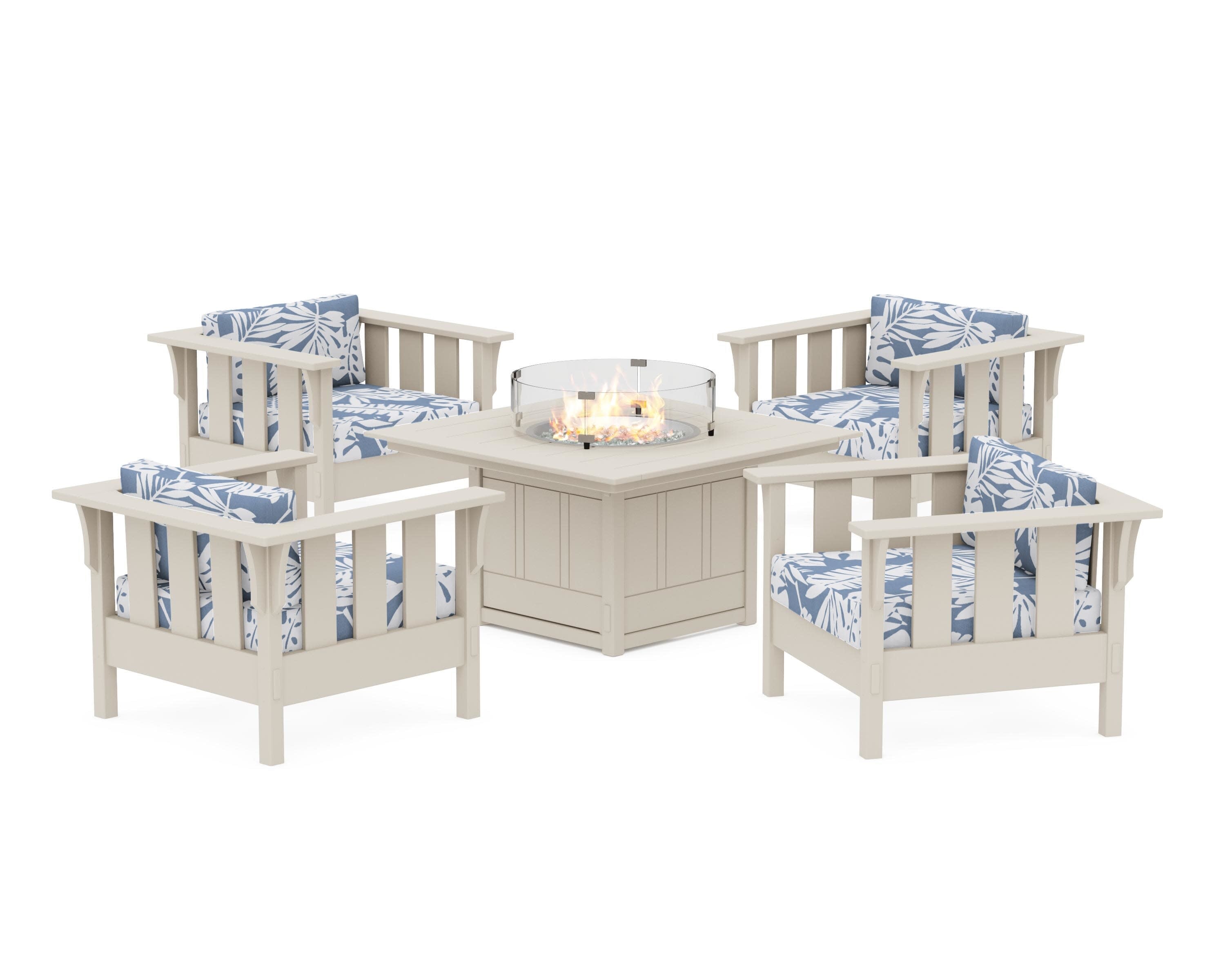 Acadia 5-Piece Deep Seating Set with Fire Pit Table in Sand / Leaf Sky Blue